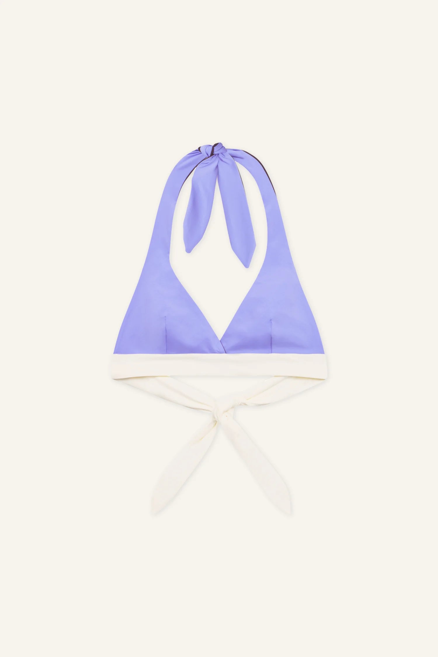 MYMARINI Bikinitop in Flieder mit weißem Saum, Halter-Halsband, V-Ausschnitt, Bindeband unten zum Festziehen.#color_chocolate-lilac