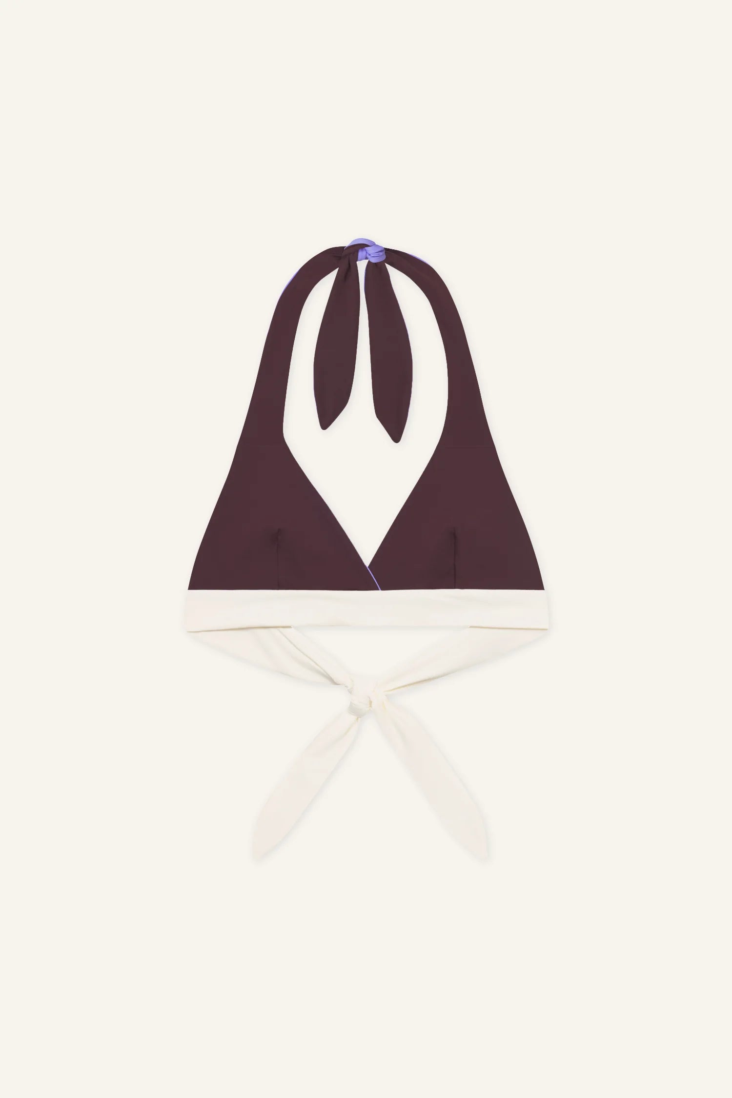 MYMARINI Bikinioberteil in dunkelrot mit cremefarbener Unterseite, Neckholder-Top, Halsband zum Knoten, sichtbares Bindeband.#color_chocolate-lilac