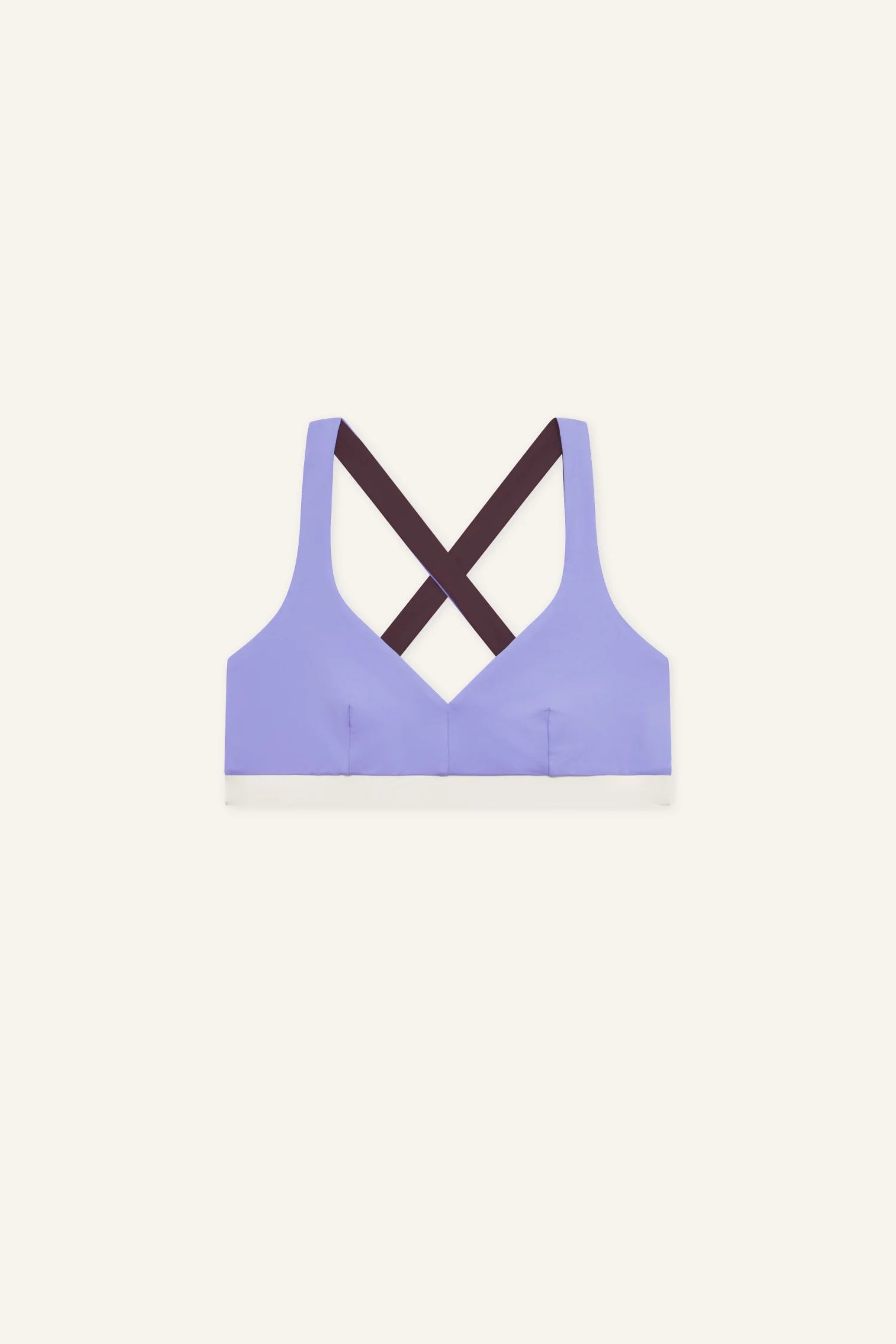 MYMARINI Bikinitop in Lavendel mit breiten Trägern und Kreuz-Rückenträgern, Unterbrustband in Weiß, sichtbares Schnittdetail.#color_chocolate-lilac