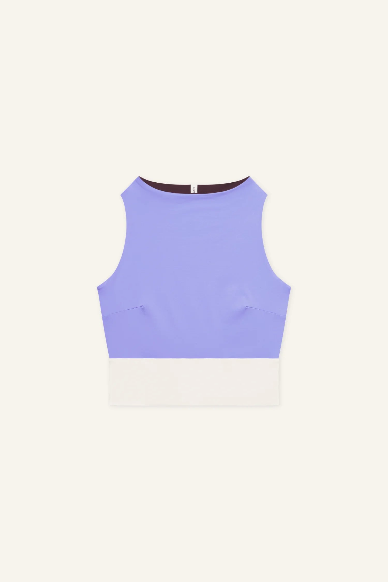 MYMARINI Top, lilafarbenes, ärmelloses Oberteil mit weißem breitem Bund; Rundhalsausschnitt, kurzes Cropped-Top.#color_chocolate-lilac