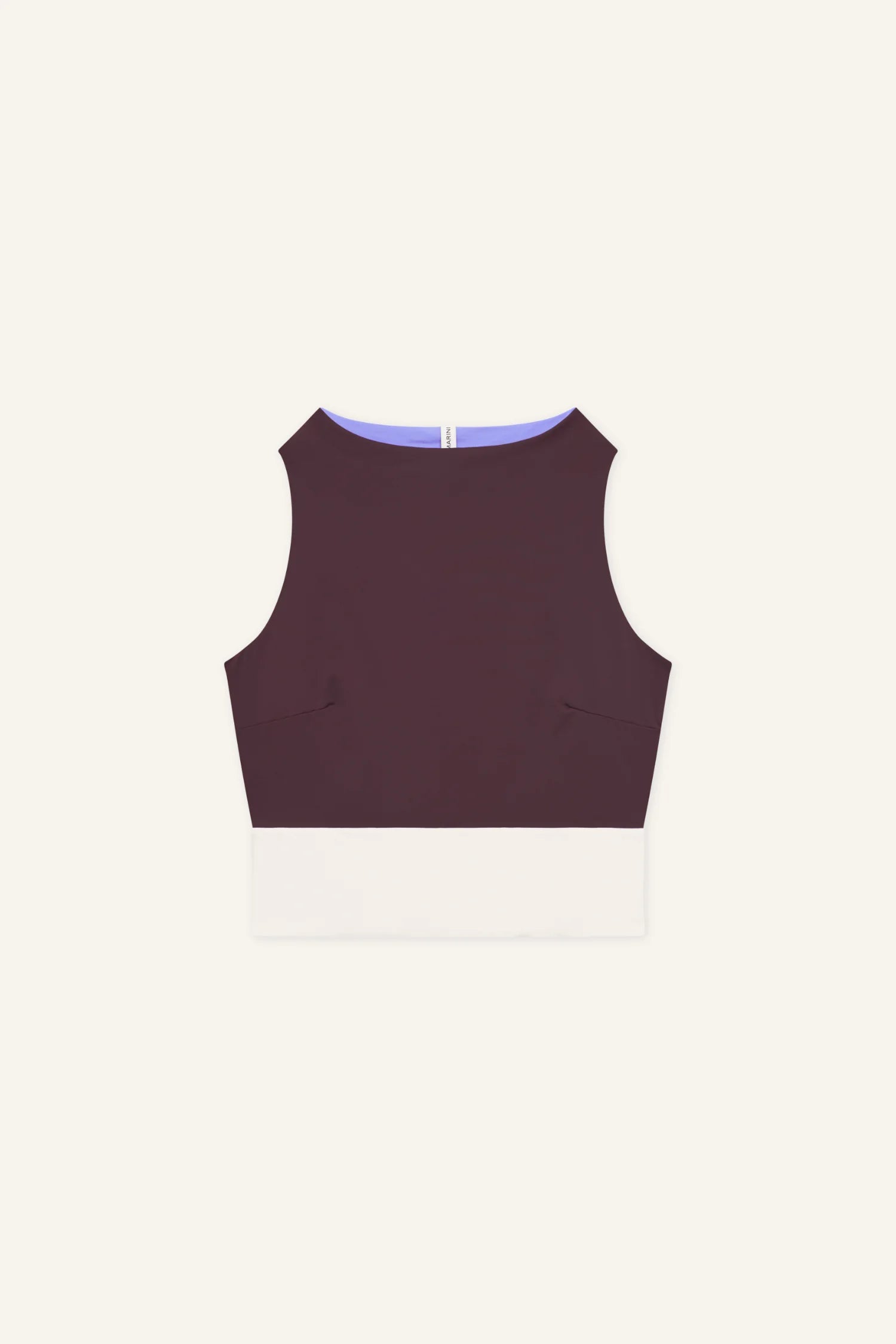 MYMARINI Top, ärmelloser Brusttop in Dunkelrot mit weißem unteren Streifen; runder Halsausschnitt, seitliche Eingrifftaschen sichtbar.#color_chocolate-lilac