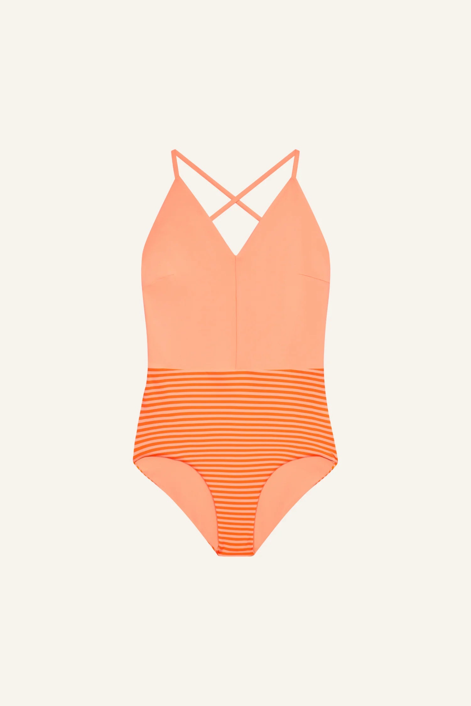 MYMARINI One-Piece in Orange mit V-Ausschnitt und hohem Beinausschnitt, Spaghettiträgern und gestreiftem Unterteil.#color_melon-striped