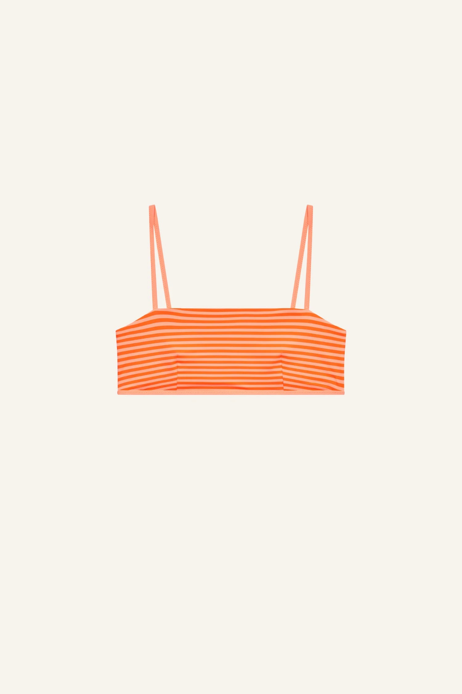 Orange-weiß gestreiftes Bikinitop von MYMARINI mit Spaghettiträgern auf hellem Hintergrund.#color_melon-striped