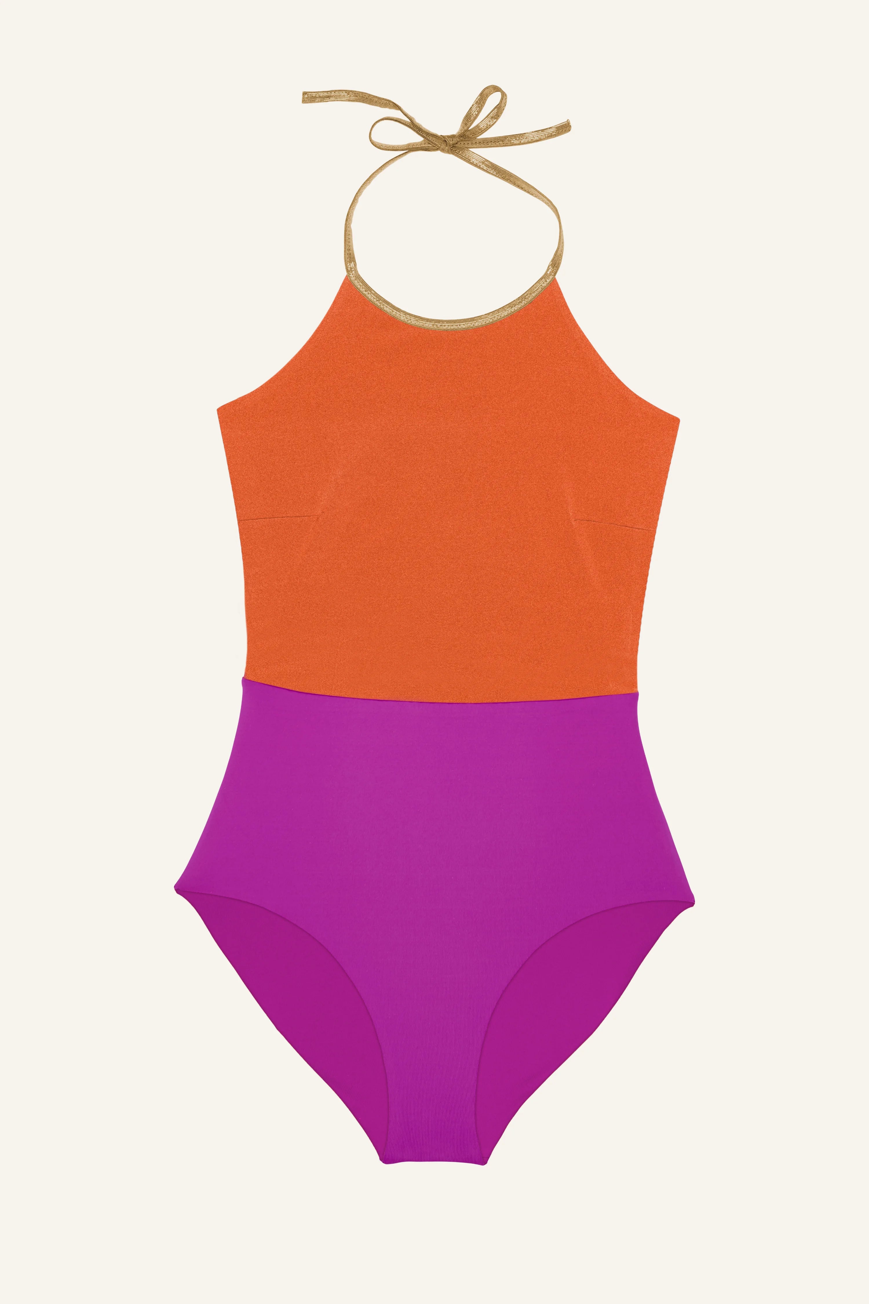 MYMARINI One-Piece in Orange und Pink mit Neckholder und hohem Beinausschnitt auf hellem Hintergrund.#color_papaya-cassis