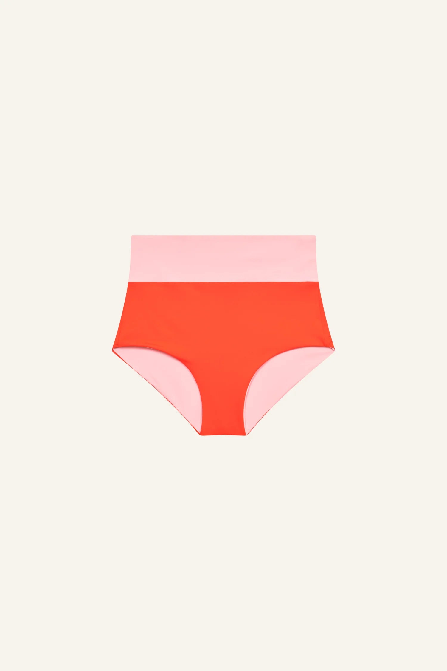 MYMARINI Bikinihose, hoher Bund, zweifarbig pink und orange, Vorderansicht.#color_poppy-macaron