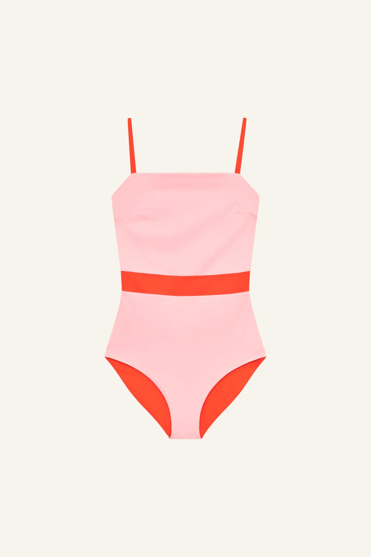 MYMARINI One-Piece-Badeanzug in Rosa mit roter Taille, rote Träger, Spaghettiträger, hoher Beinausschnitt.#color_poppy-macaron