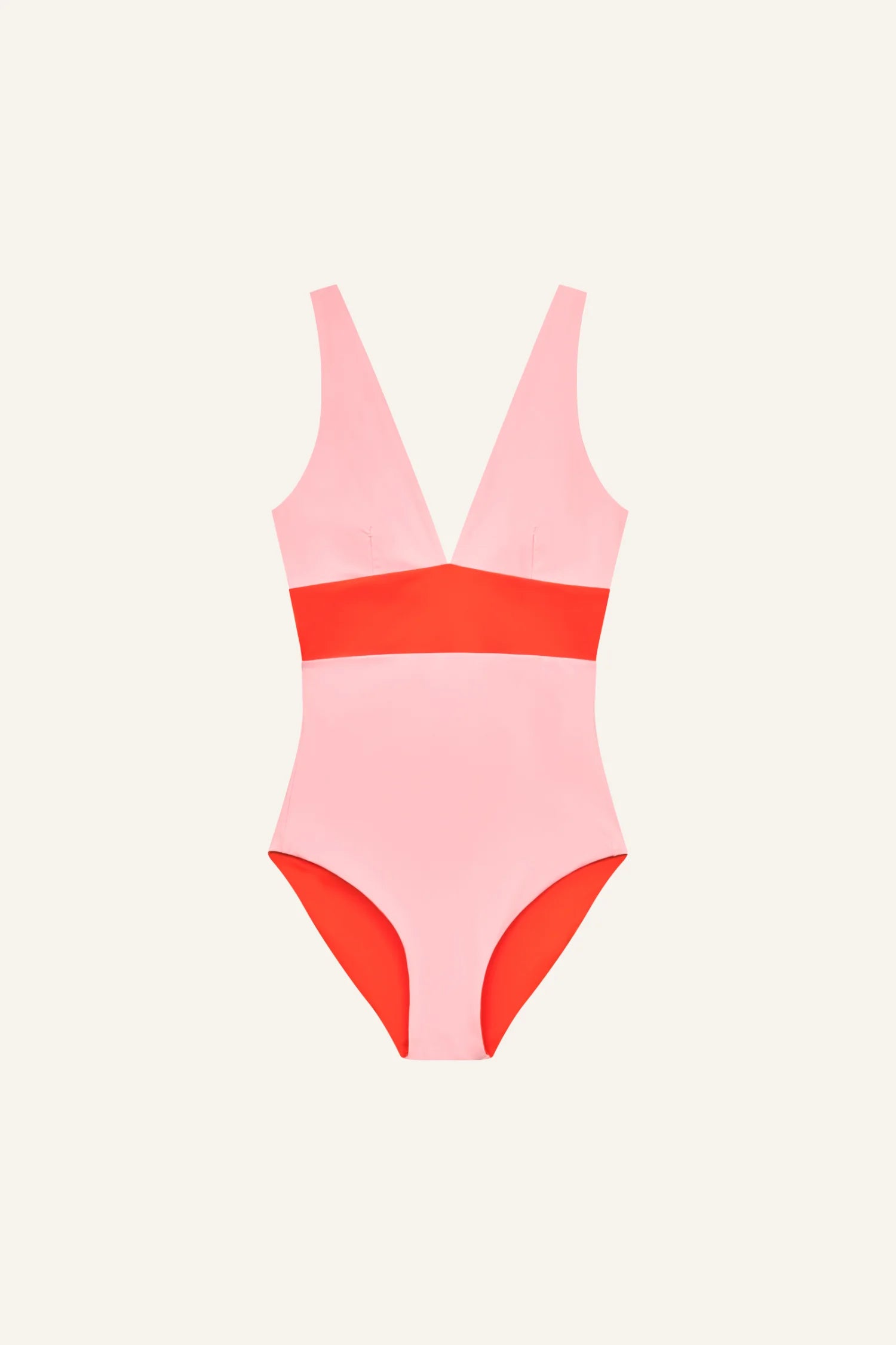 MYMARINI Badeanzug in Pink mit roter Taillenband, V-Ausschnitt, hoher Beinausschnitt, One-Piece, Farbblock-Design.#color_poppy-macaron