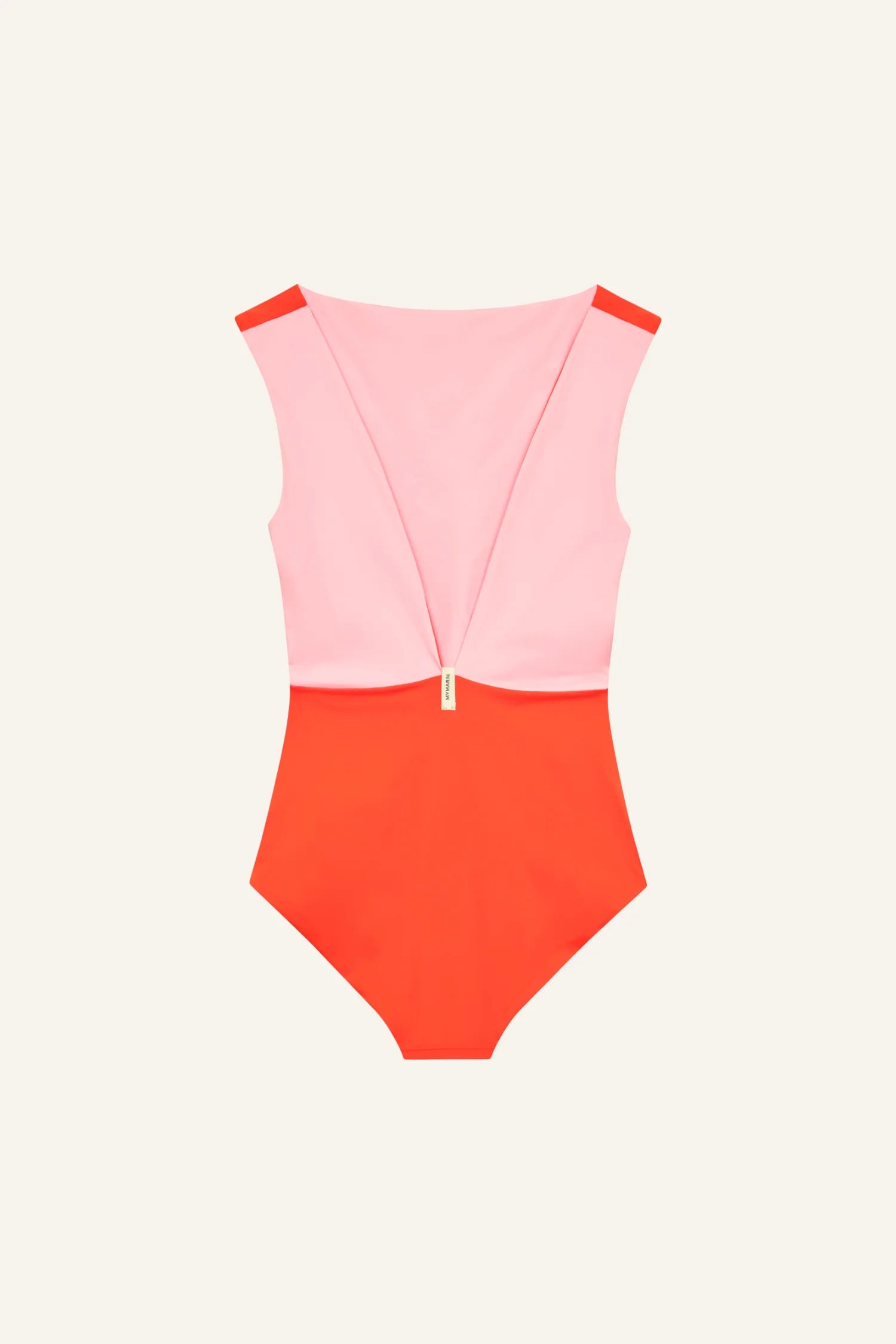 MYMARINI Badeanzug, pinkes Oberteil und oranges Unterteil, Rücken-V-Naht, breite Träger, High-Cut-Beine.#color_poppy-macaron