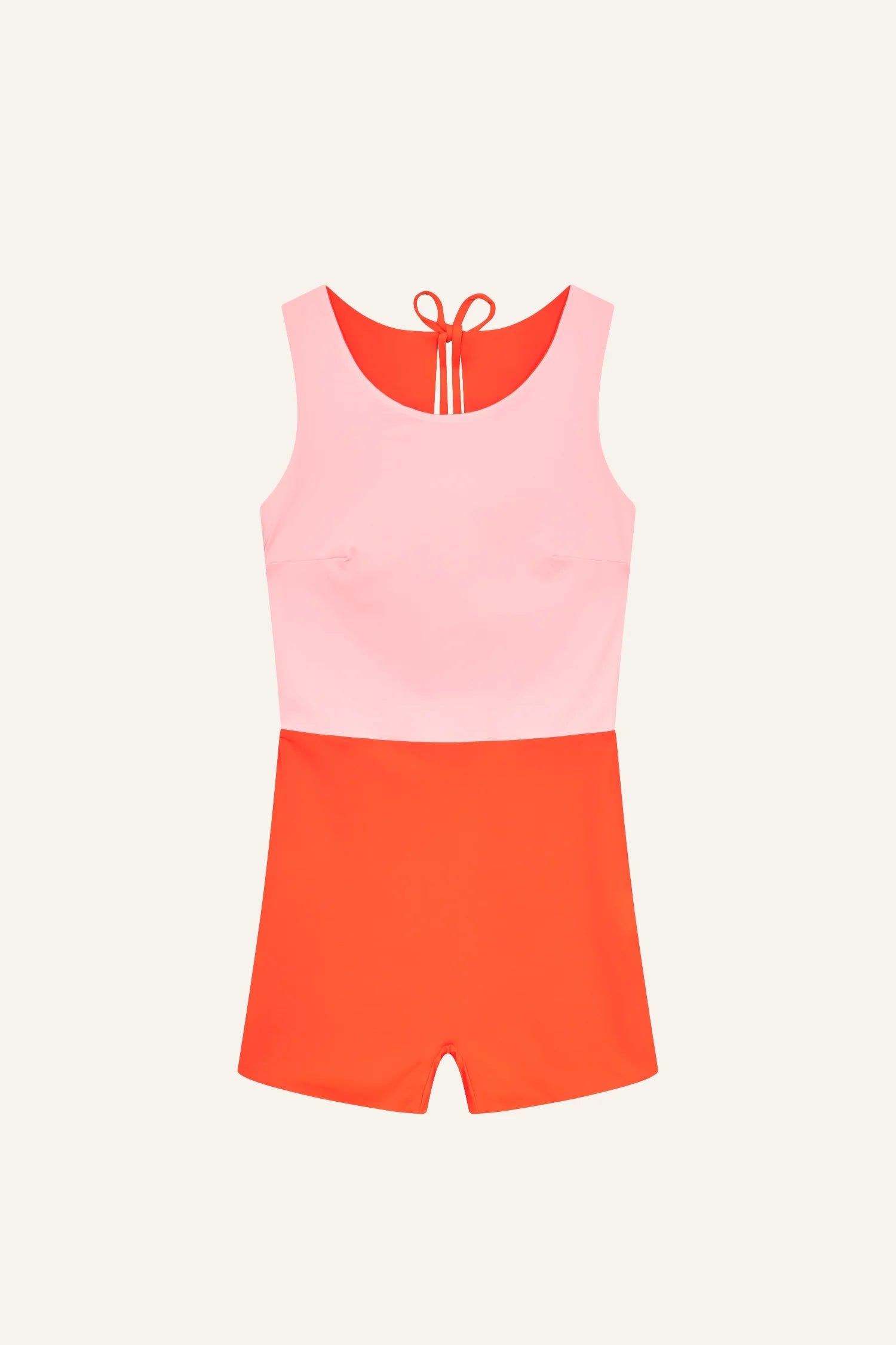 MYMARINI einteiliges Badeoutfit in Rosa und Orange, color-block; Rundhalsausschnitt, breite Träger, Rücken mit Bindeband.#color_poppy-macaron