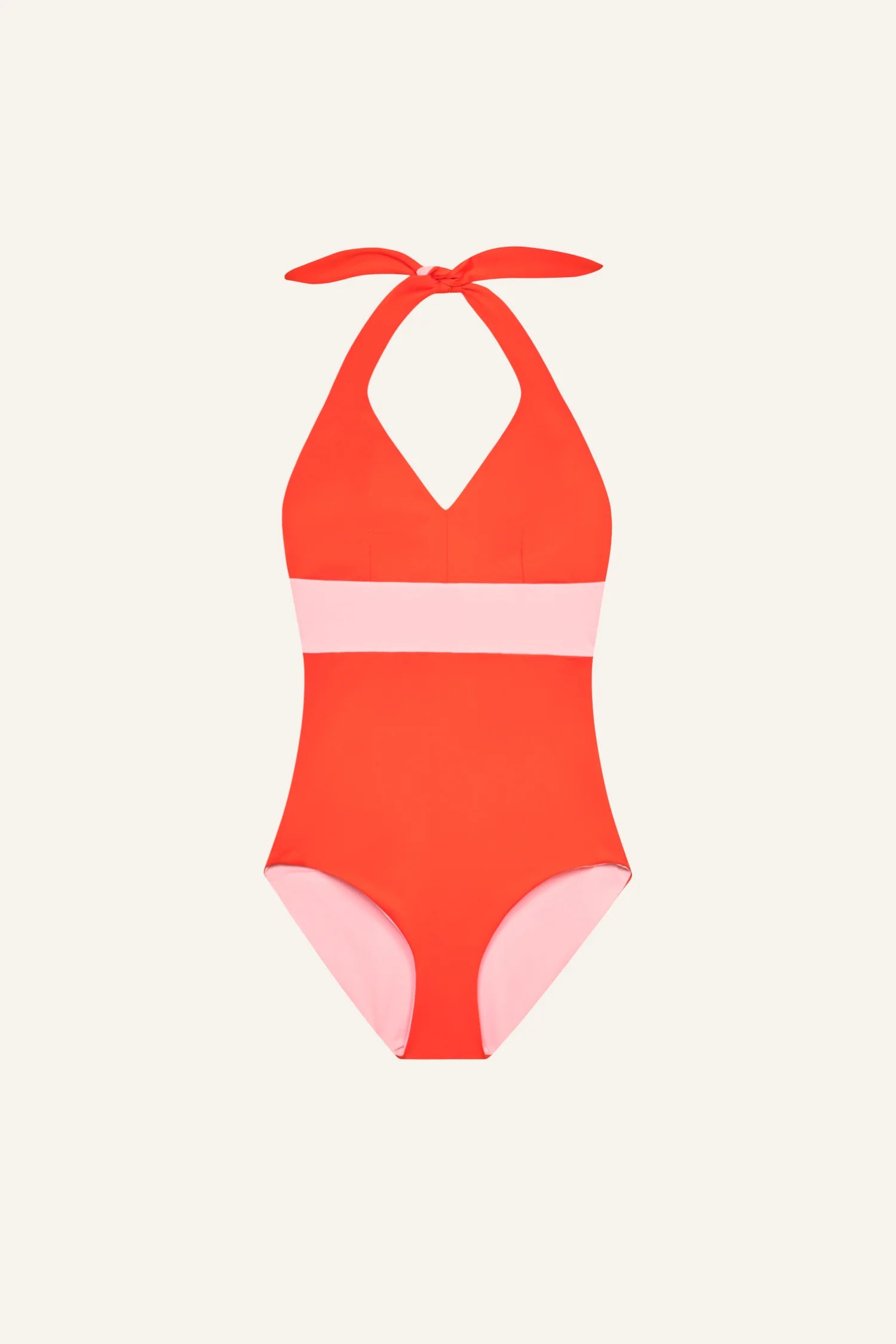 MYMARINI Einteiliger Badeanzug, Neckholder mit Knoten, orange mit rosa Taillenband, hoher Beinausschnitt#color_poppy-macaron
