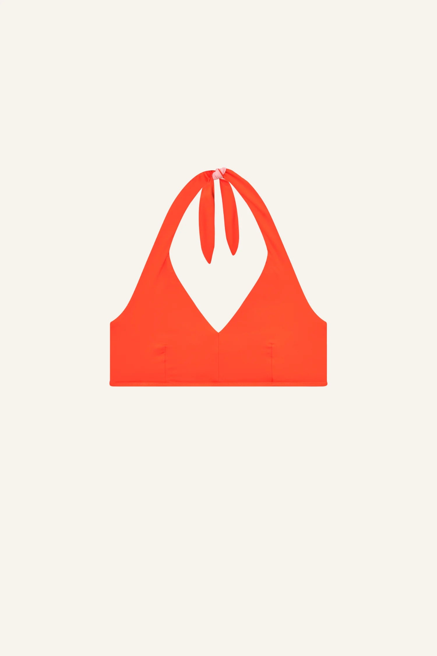 MYMARINI Bikini-Top in Orange, Neckholder mit Bindeband am Hals, tiefer V-Ausschnitt, breites Unterbrustband.#color_poppy-macaron