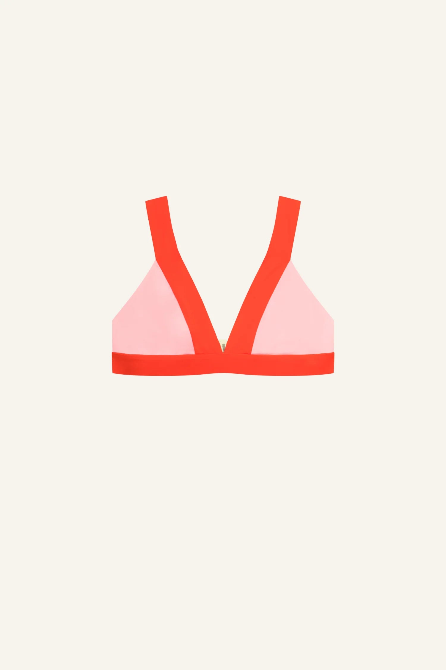 MYMARINI Bikinitop in Pink mit rotem Band; V-förmige Träger, breiter Unterband, Triangle-Schnitt.#color_poppy-macaron