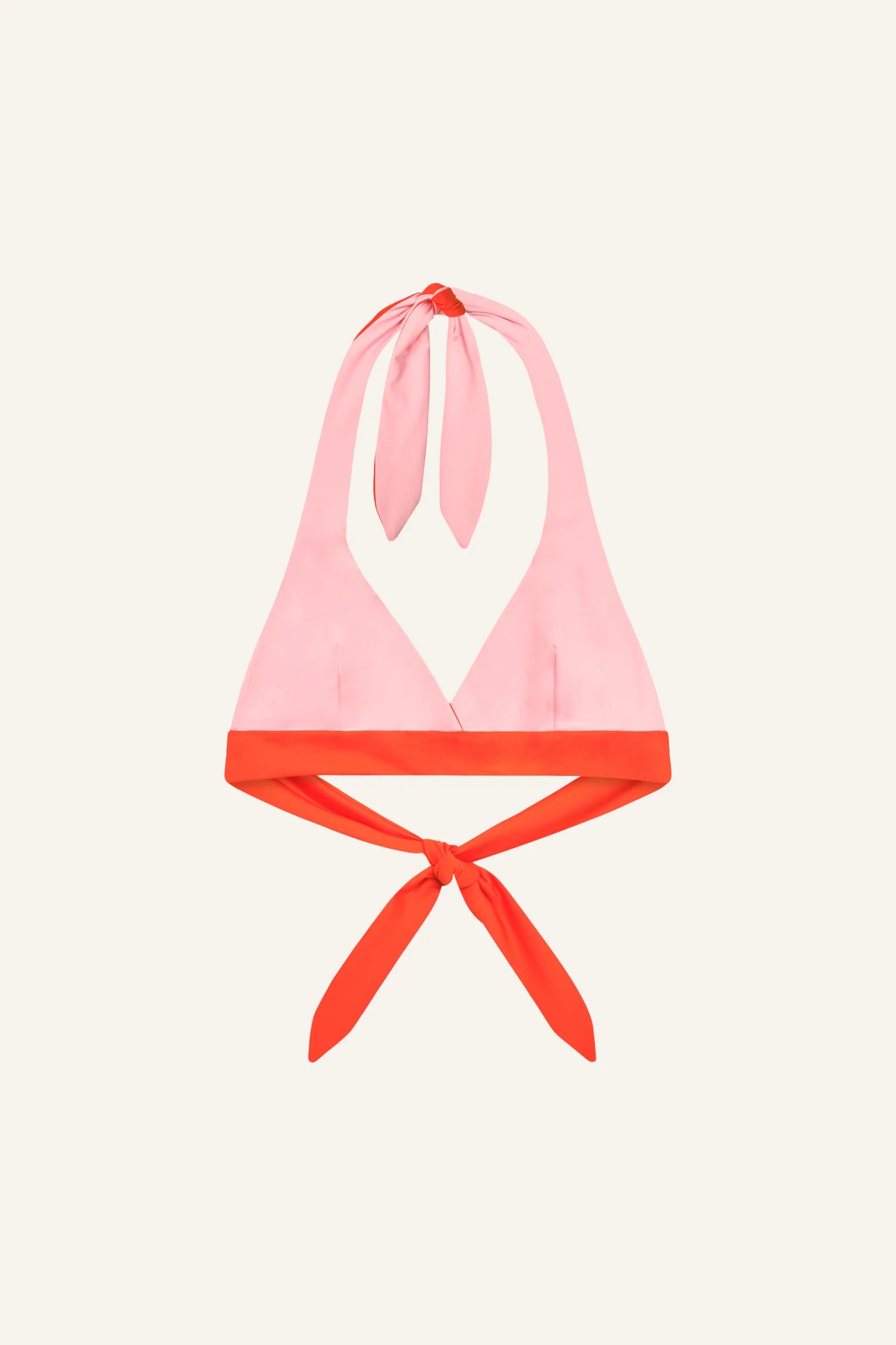 MYMARINI Bikinitop, Neckholder, pinkes Oberteil mit orangefarbenem Band unten und Halsband-Bindung.#color_poppy-macaron