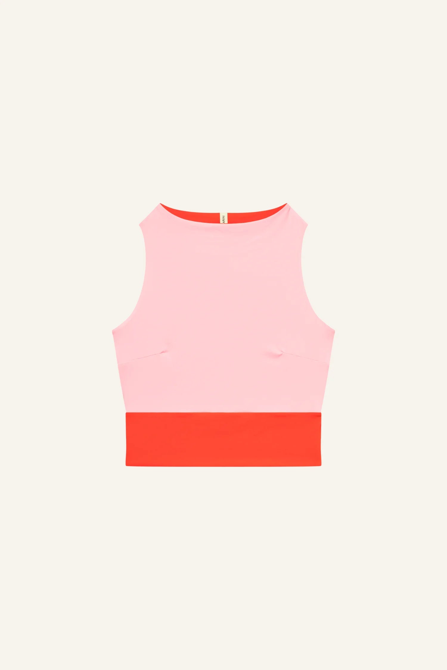 MYMARINI Top, pinkes ärmelloses Oberteil mit rotem breitem Saum unten; Rundhalssaum.#color_poppy-macaron