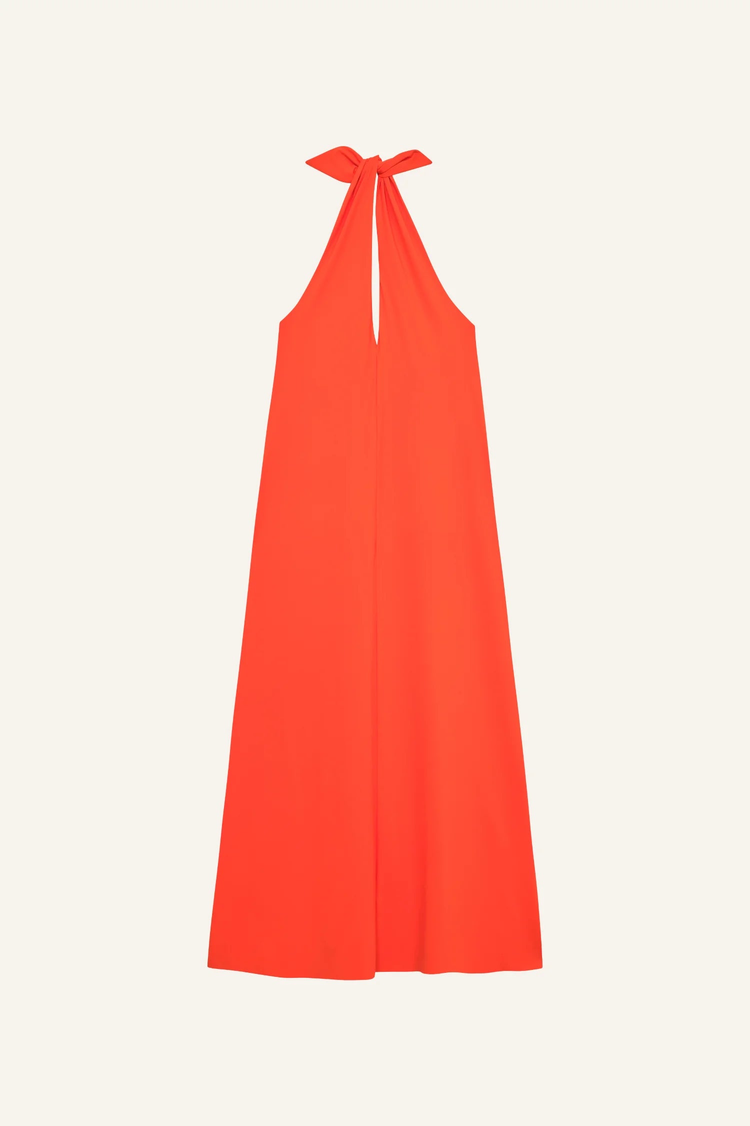 MYMARINI Neckholder-Kleid in Orange, lang geschnitten, Bindeband am Hals, klare, schlichte Silhouette.#color_poppy