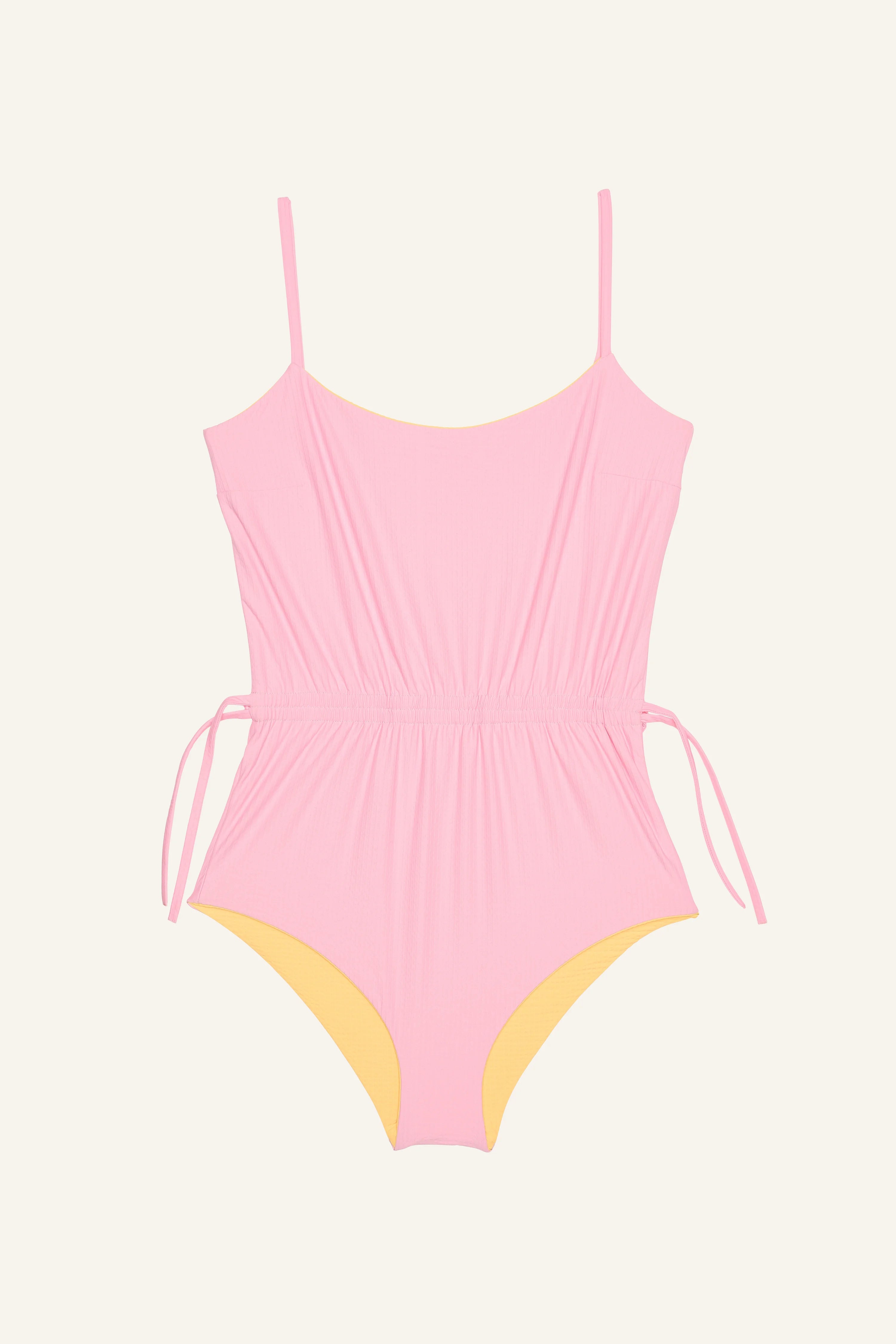 Rosa MYMARINI Badeanzug mit Spaghettiträgern und hohem Beinausschnitt, gelbes Futter, seitliche Bindebänder.#color_vanilla-marshmallow