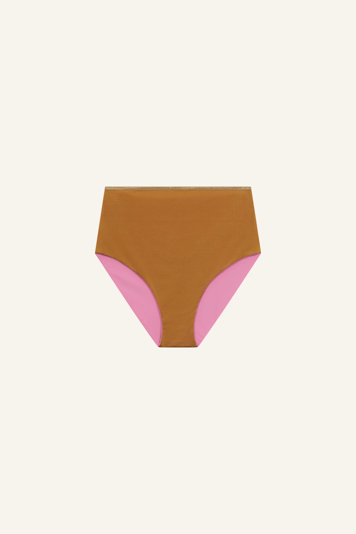 MYMARINI Bikinihose in Braun mit rosa Details, hoher Beinausschnitt, auf hellem Hintergrund.#color_bronze-orchid