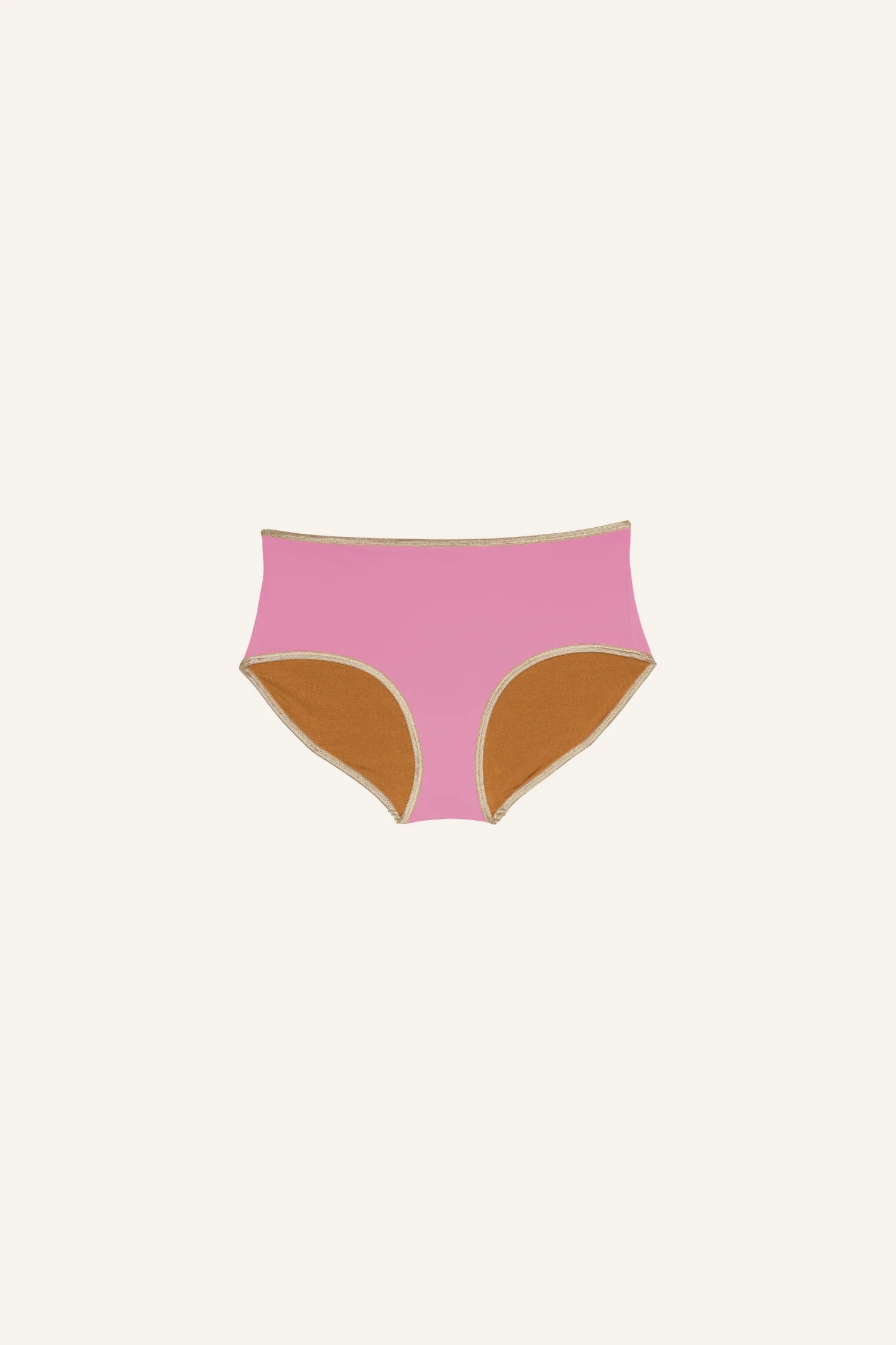 MYMARINI Bikinihose in Rosa und Braun mit hohem Beinausschnitt auf hellem Hintergrund.#color_bronze-orchid