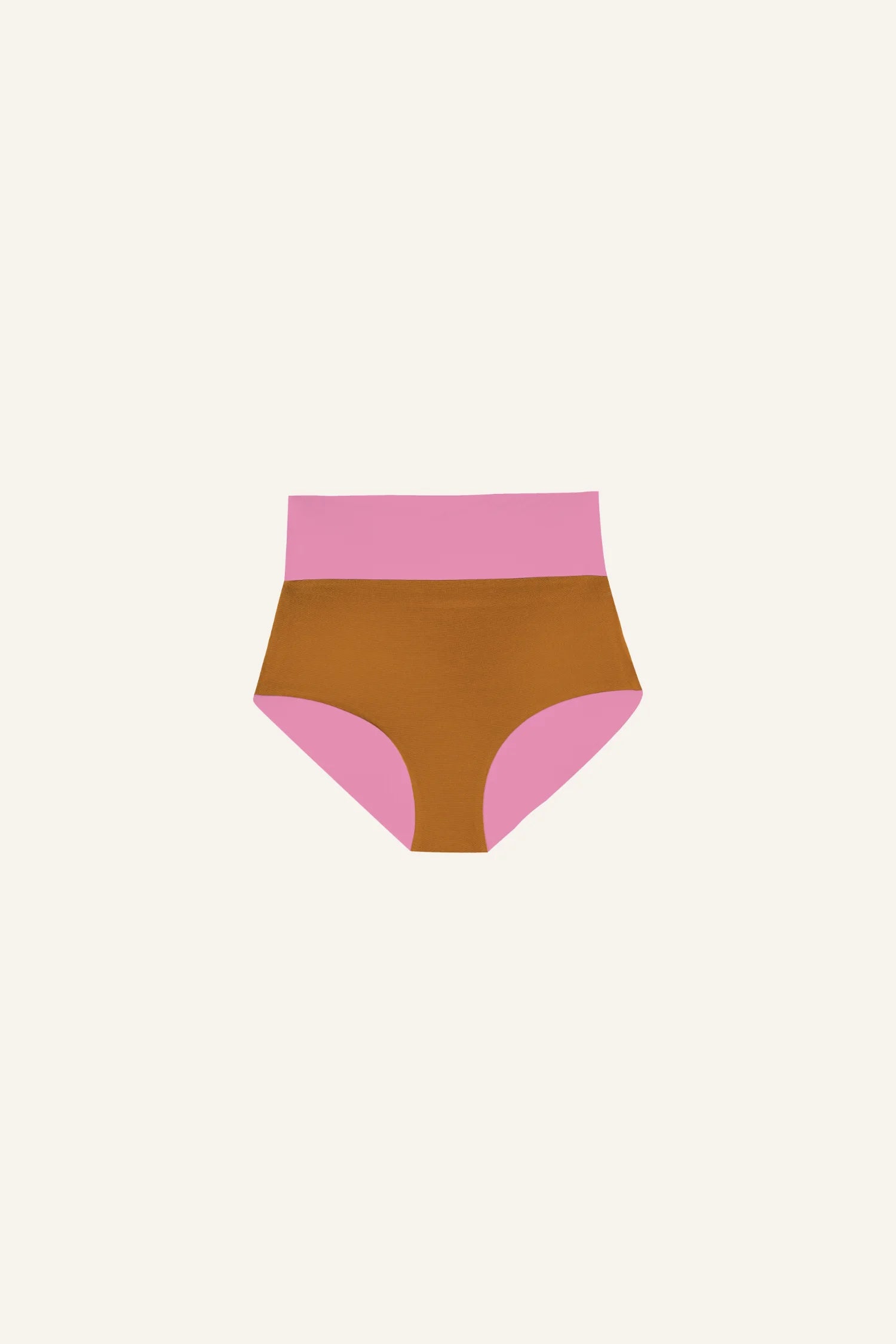 MYMARINI Bikinihose in Braun und Rosa, High waist, auf hellem Hintergrund.#color_bronze-orchid