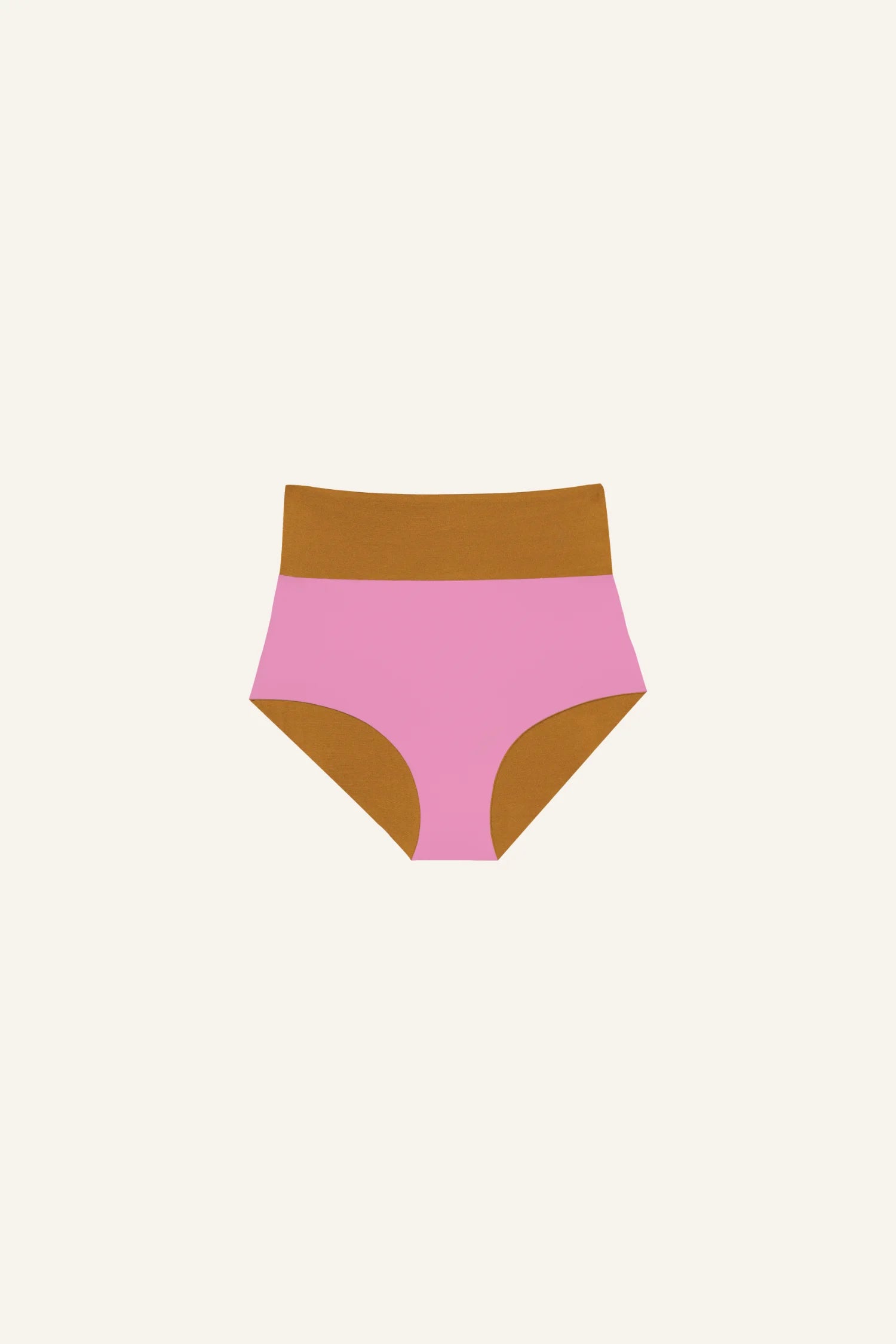 MYMARINI Bikinihose in Rosa und Braun, High waist Schnitt, vor neutralem Hintergrund.#color_bronze-orchid