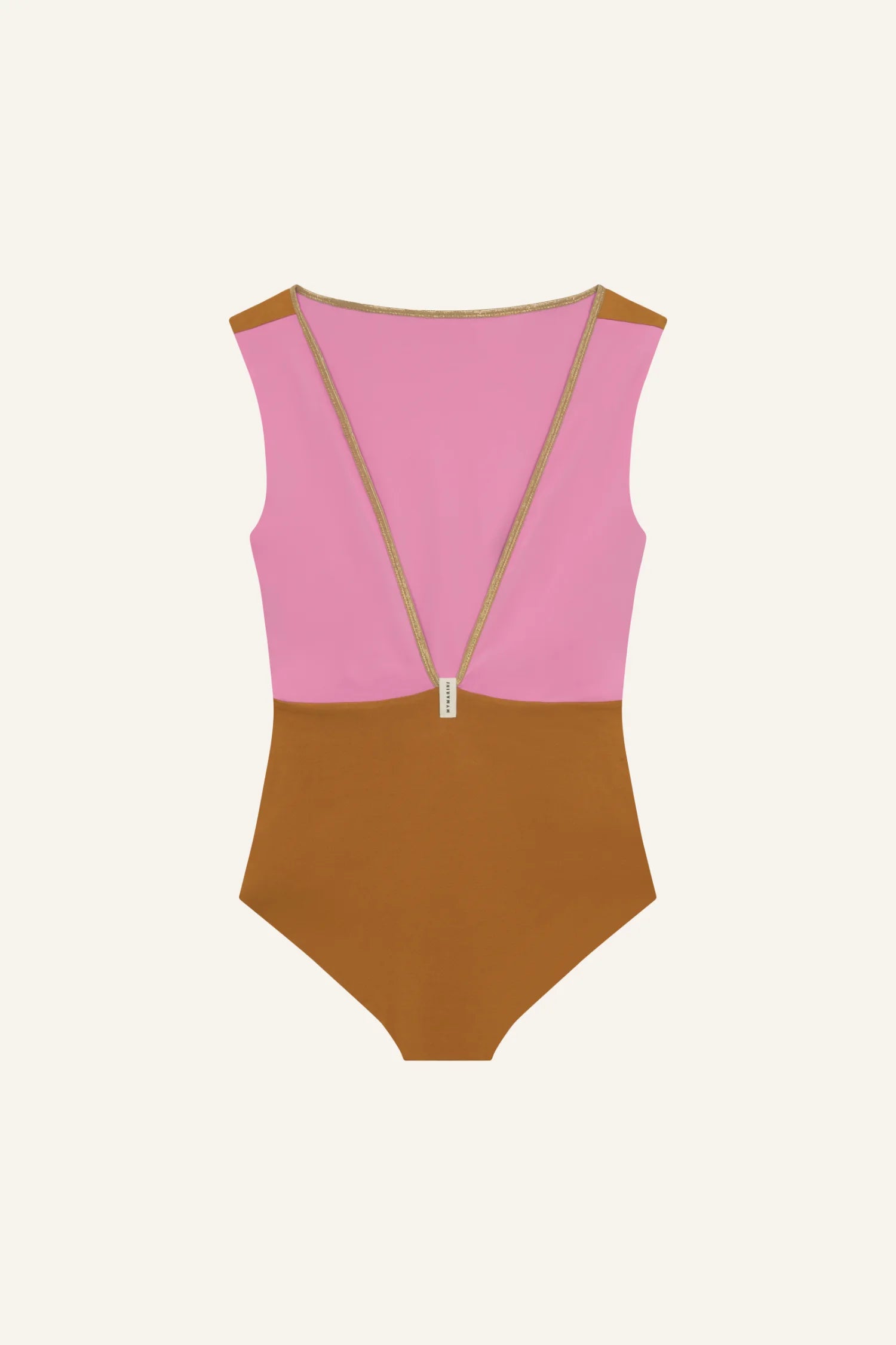 MYMARINI Badeanzug in Rosa und Braun mit tiefem Rückenausschnitt und hohem Beinausschnitt, elegantes Design.#color_bronze-orchid