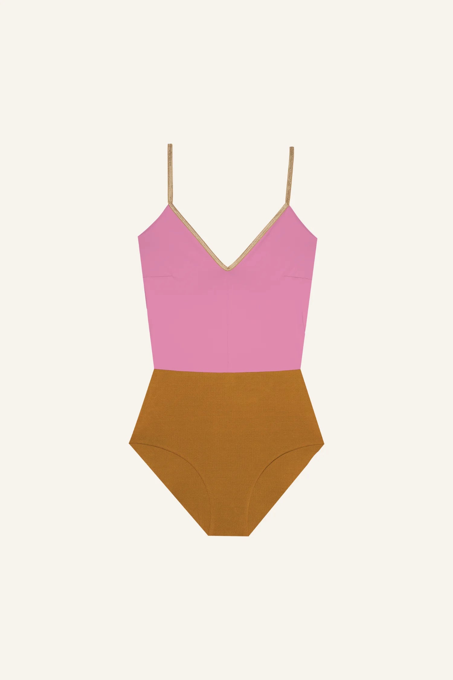 MYMARINI Badeanzug mit V-Ausschnitt, Spaghettiträgern, in Rosa und Braun, hoher Beinausschnitt.#color_bronze-orchid