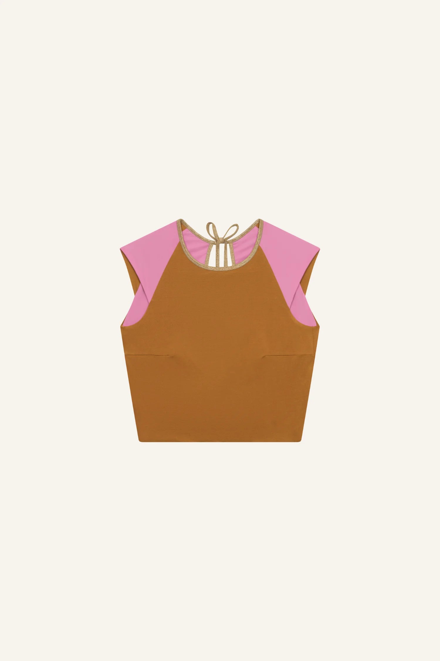 Ärmelloses MYMARINI-Top in Braun und Rosa mit Rundhalsausschnitt und Rückenschnürung.#color_bronze-orchid