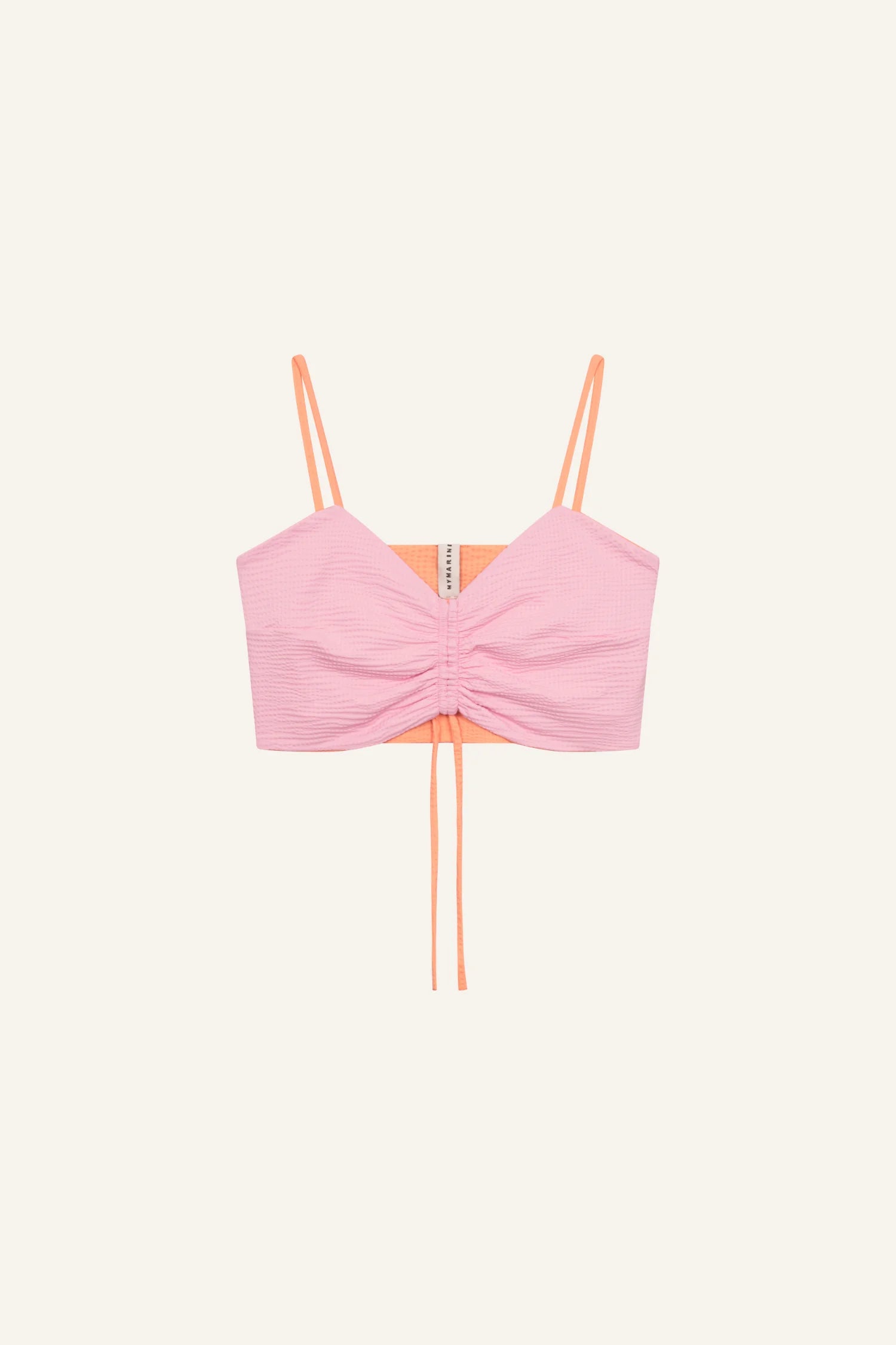 MYMARINI Bikinitop mit Spaghettiträgern in Rosa und Orange, gerafftes Design vorne.#color_marshmallow-peach