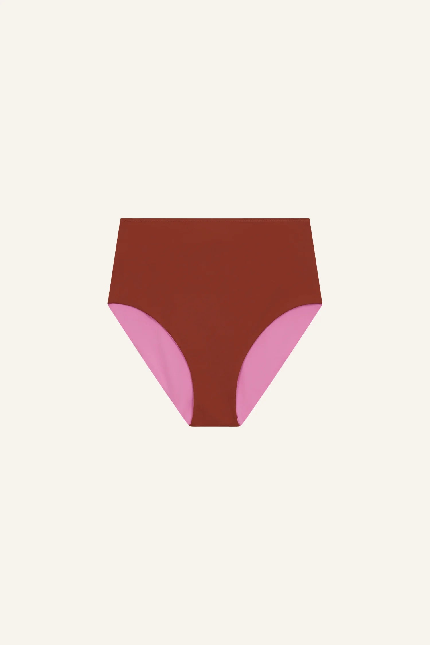 MYMARINI Bikinihose in Braun mit rosa Details, hoher Beinausschnitt, vor hellem Hintergrund.#color_sienna-orchid
