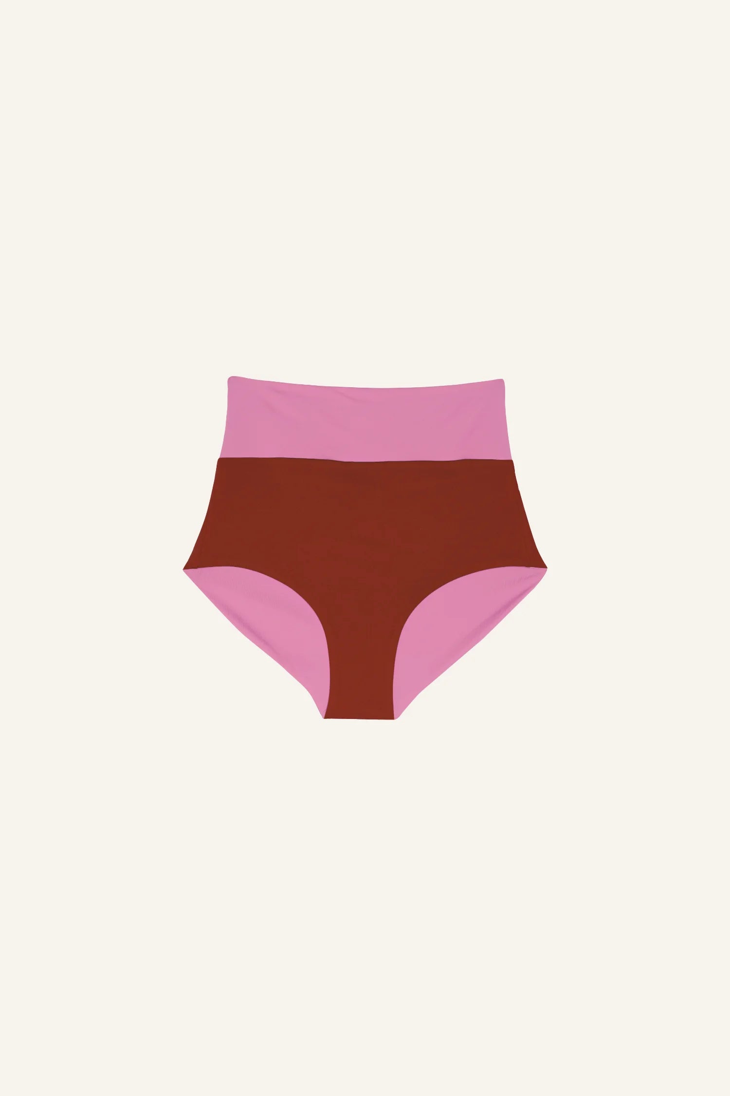 MYMARINI Bikinihose in Braun und Rosa, High waist, auf hellem Hintergrund.#color_sienna-orchid