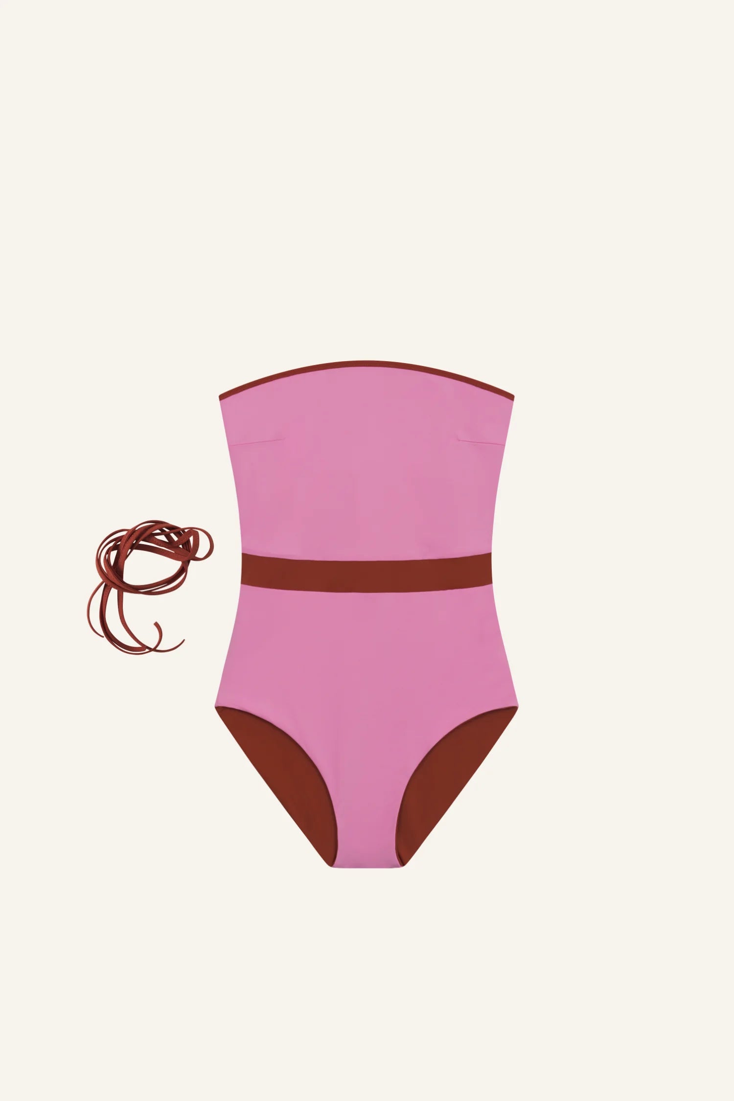 Rosa MYMARINI One-Piece mit Bandeau-Schnitt und hohem Beinausschnitt, begleitet von braunen Bändern.#color_sienna-orchid