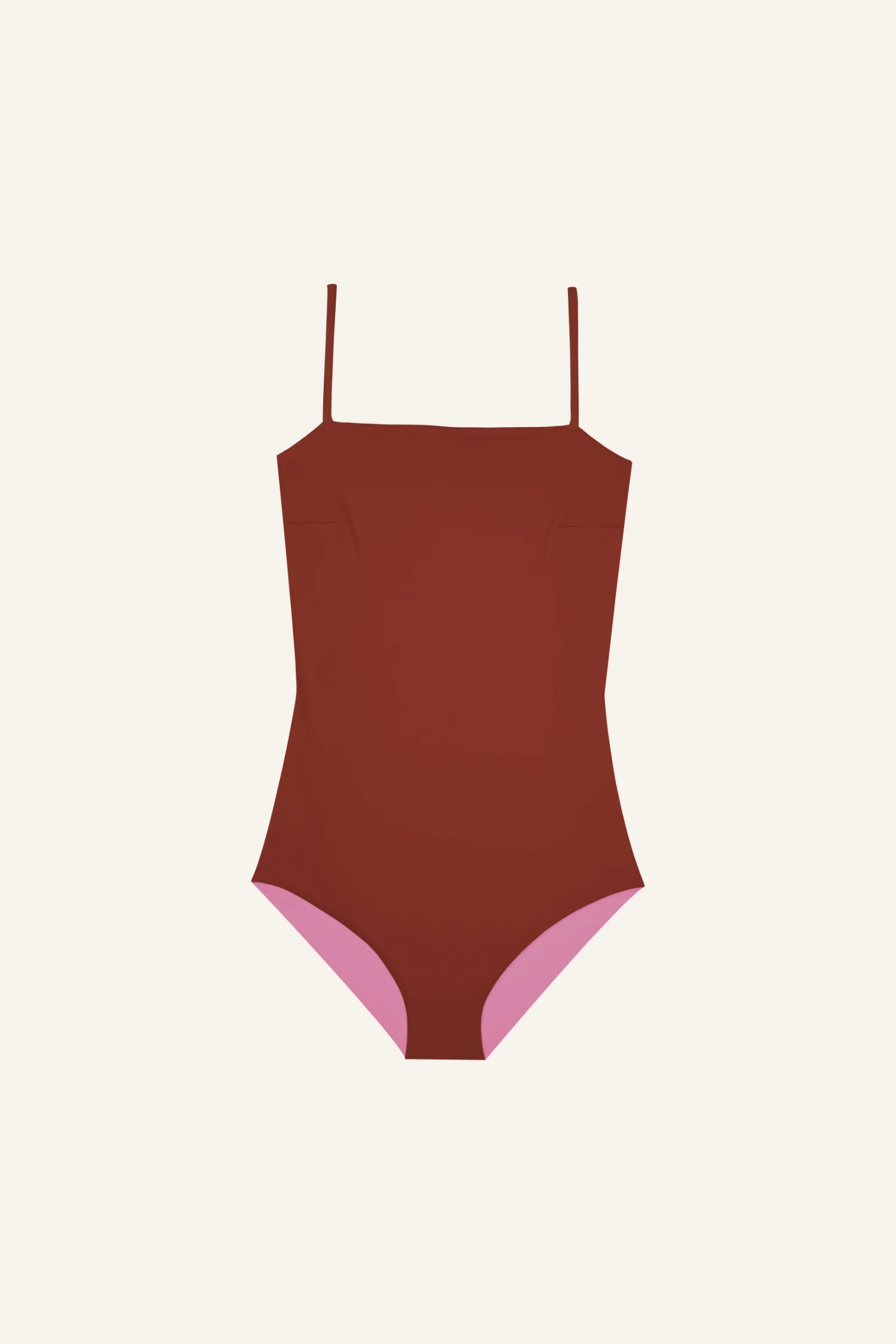 MYMARINI Badeanzug mit Spaghettiträgern und hohem Beinausschnitt in Rot und Rosa auf hellem Hintergrund.#color_sienna-orchid