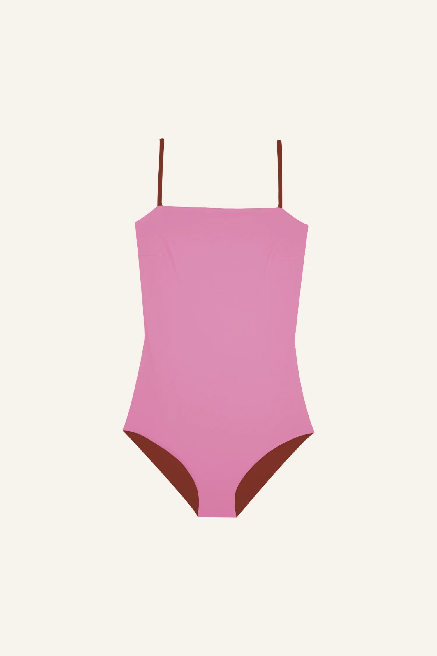 Rosa MYMARINI Badeanzug mit Spaghettiträgern und hohem Beinausschnitt auf hellem Hintergrund.#color_sienna-orchid
