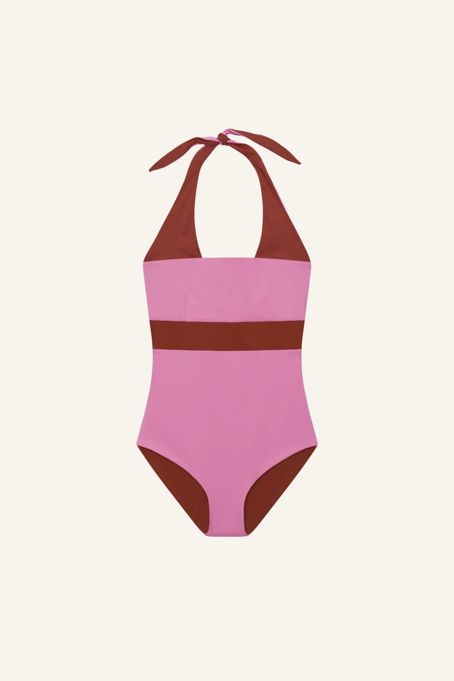 Rosa und brauner MYMARINI Badeanzug mit Neckholder und hohem Beinausschnitt auf hellem Hintergrund.#color_sienna-orchid