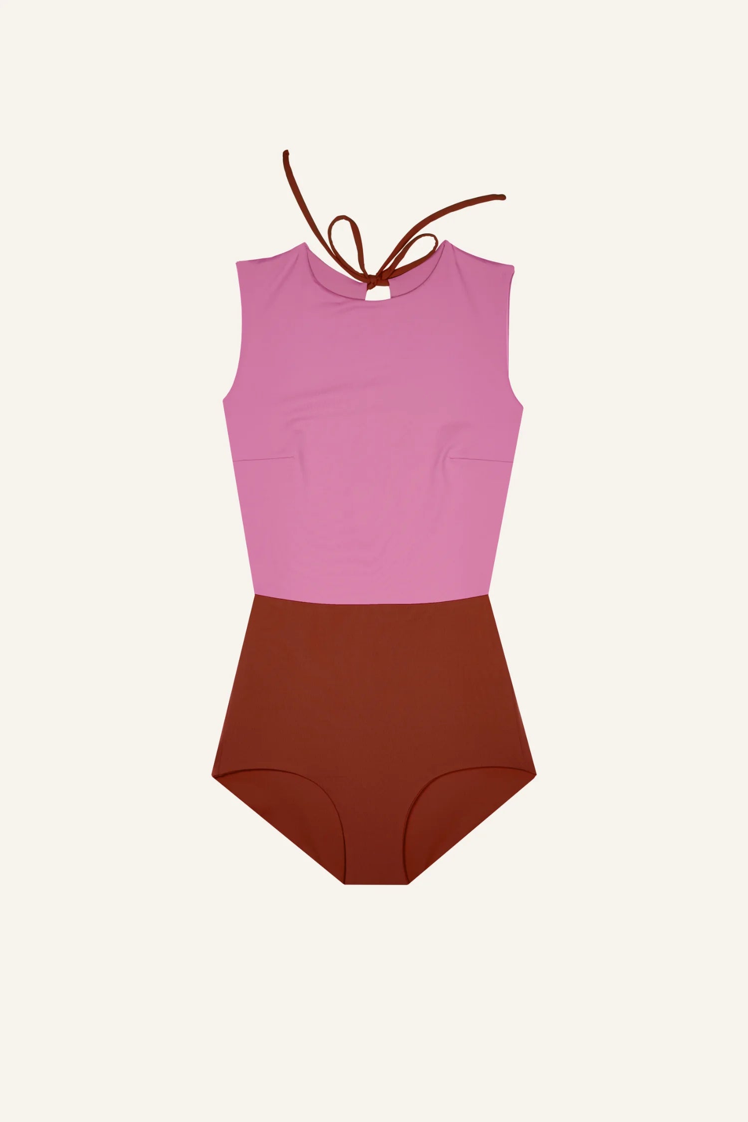 MYMARINI Badeanzug in Rosa und Braun, hoch geschlossen mit breiten Trägern und hohem Beinausschnitt, auf hellem Hintergrund.#color_sienna-orchid