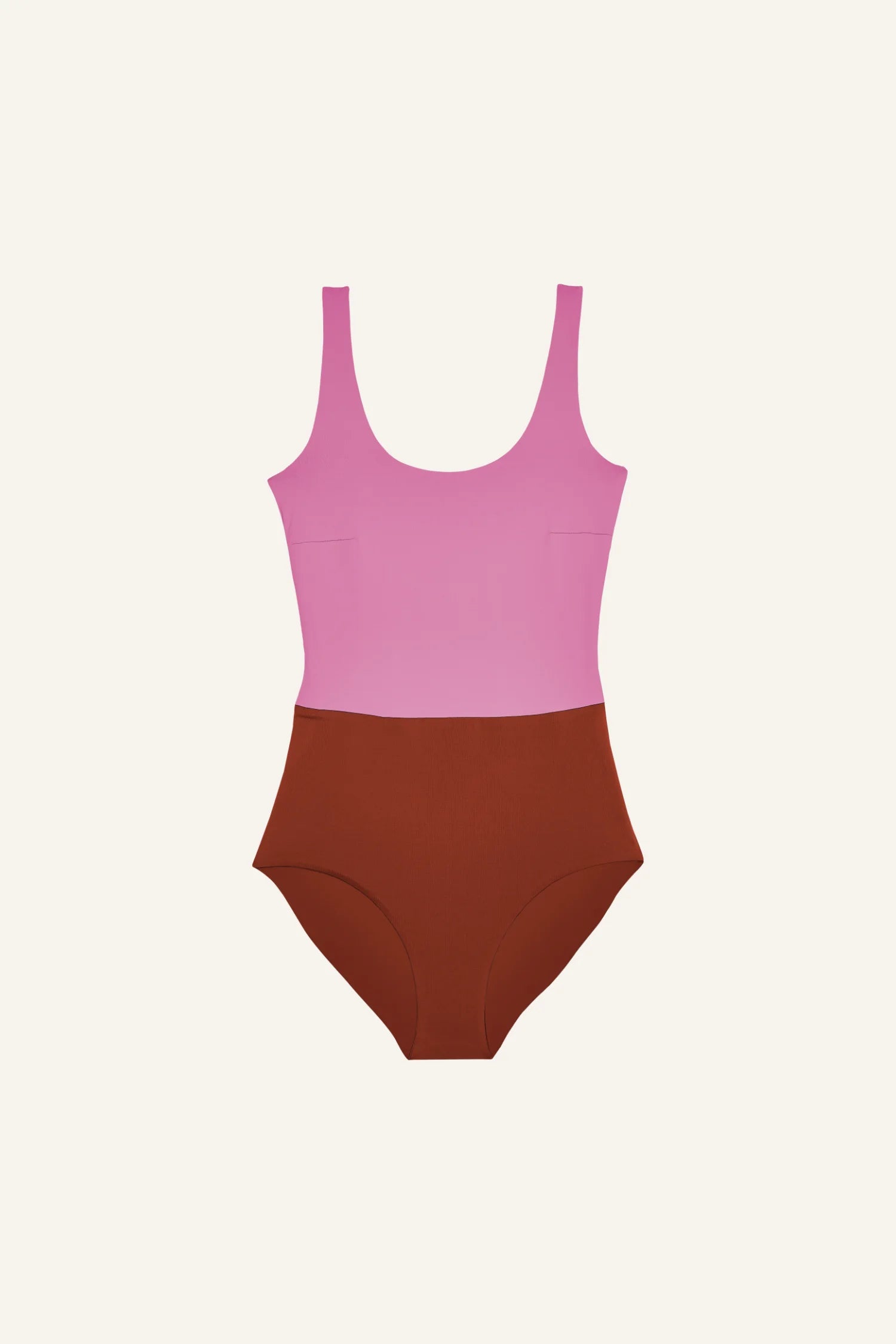 MYMARINI Badeanzug in Rosa und Braun, hoch geschlossen, mit breiten Trägern.#color_sienna-orchid