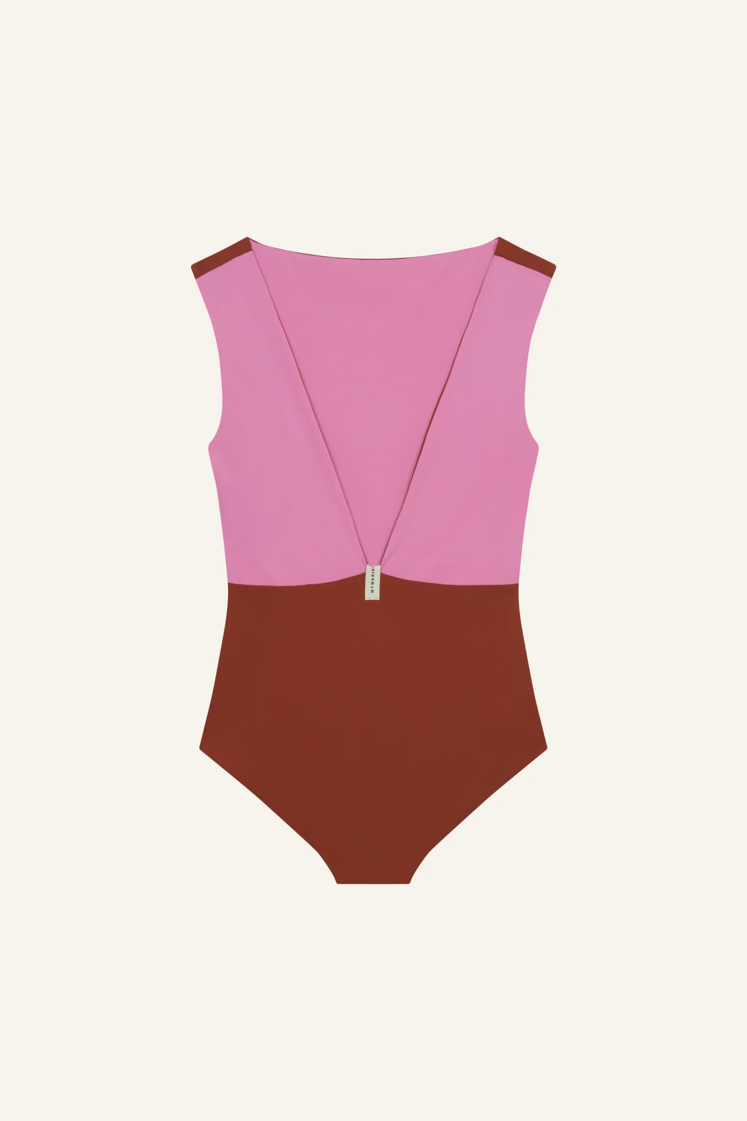 MYMARINI Badeanzug in Rosa und Braun mit V-Ausschnitt und tiefem Beinausschnitt, elegantes Design.#color_sienna-orchid