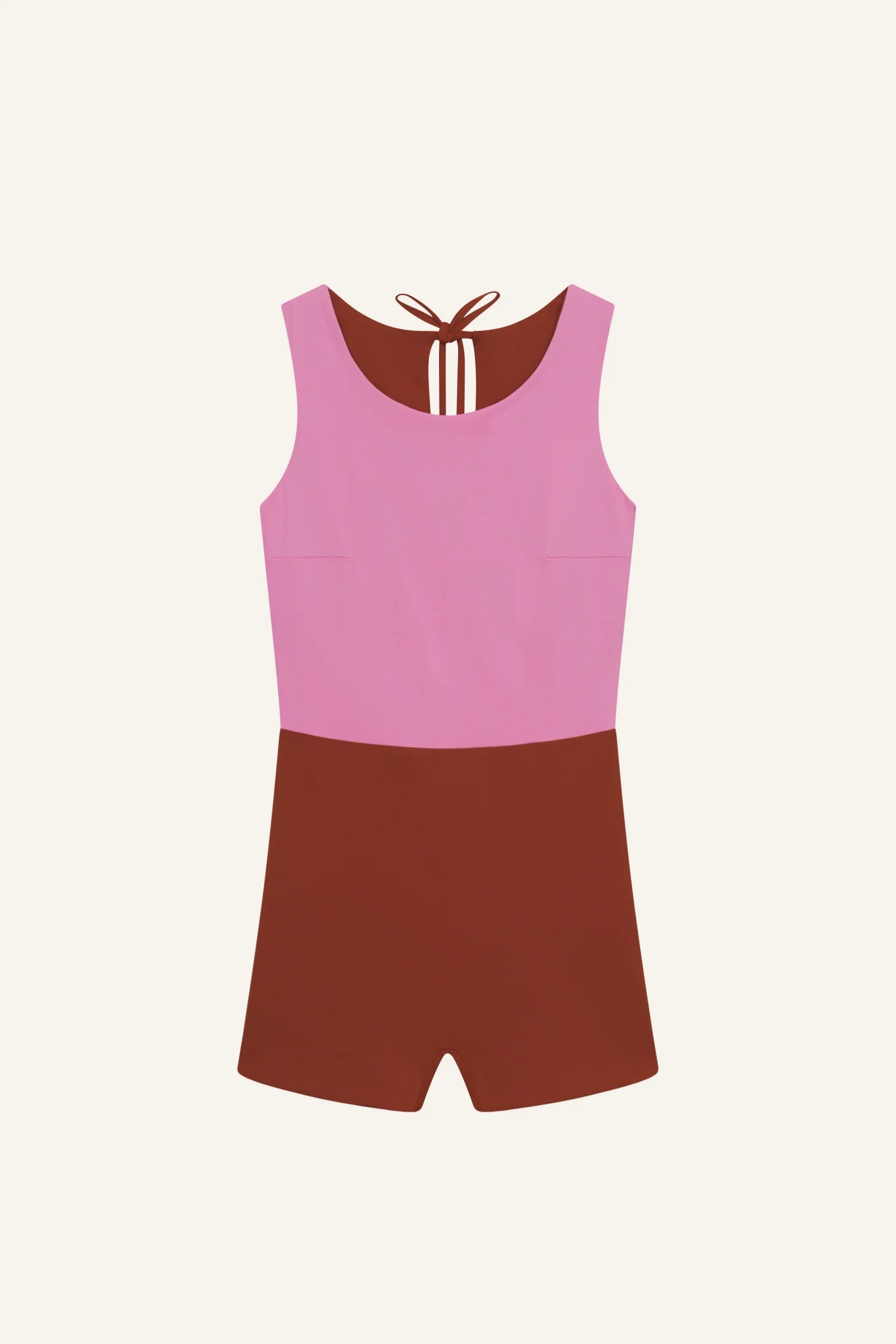 Ärmelloser MYMARINI-Overall in Rosa und Braun mit Rundhalsausschnitt und Schleife am Rücken.#color_sienna-orchid