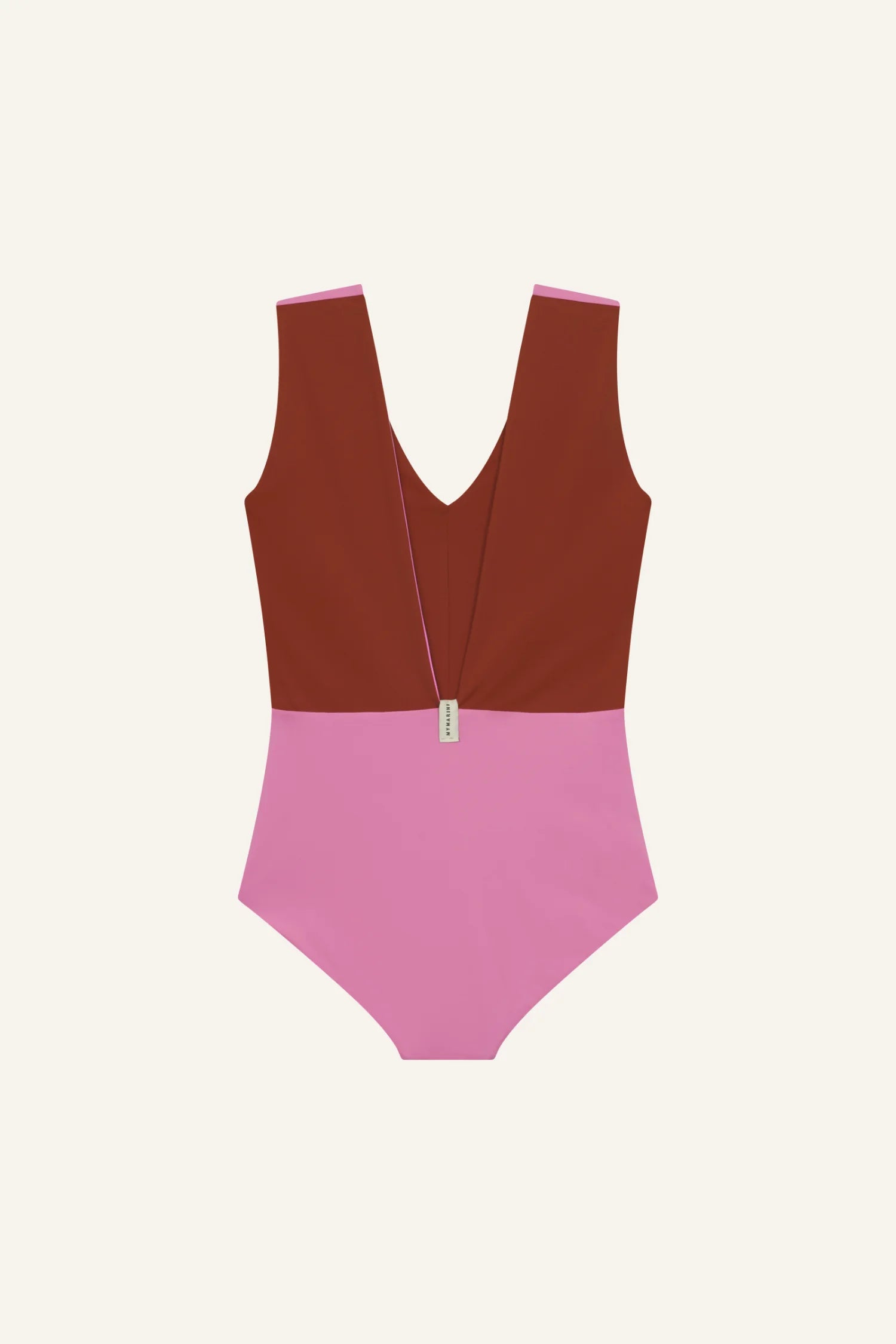 MYMARINI Badeanzug mit V-Ausschnitt und tiefem Rückenausschnitt in Braun und Rosa.#color_sienna-orchid
