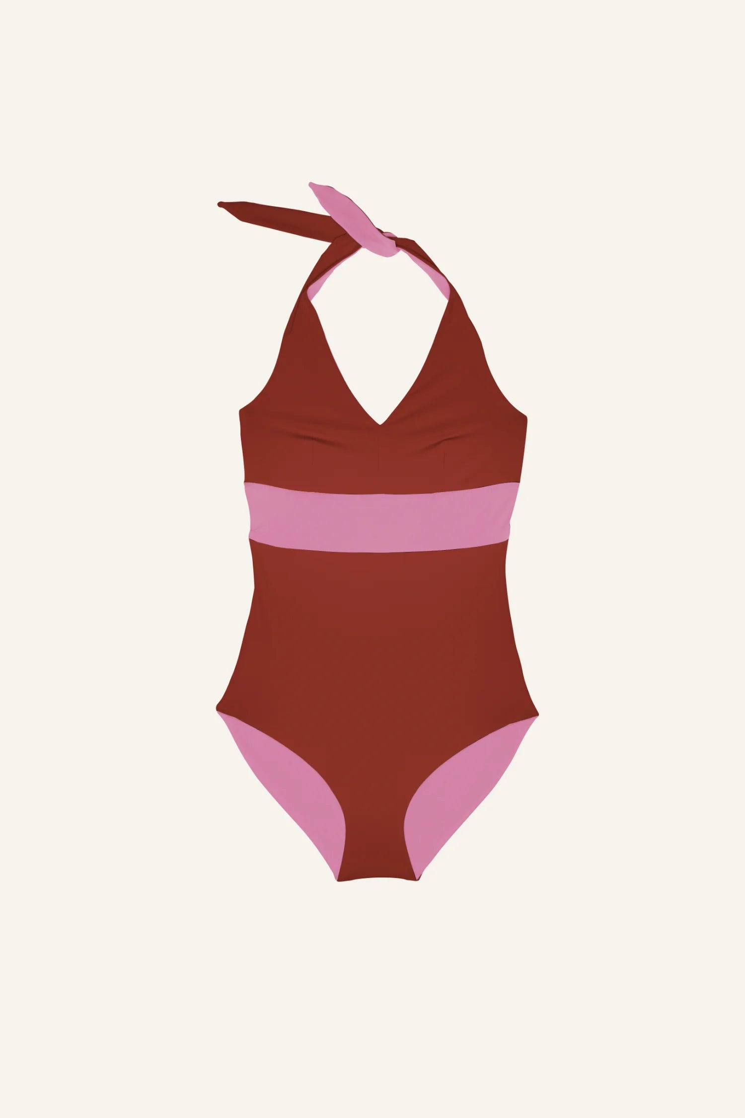 MYMARINI Badeanzug in Rot und Rosa, Neckholder, hoher Beinausschnitt, auf hellem Hintergrund.#color_sienna-orchid