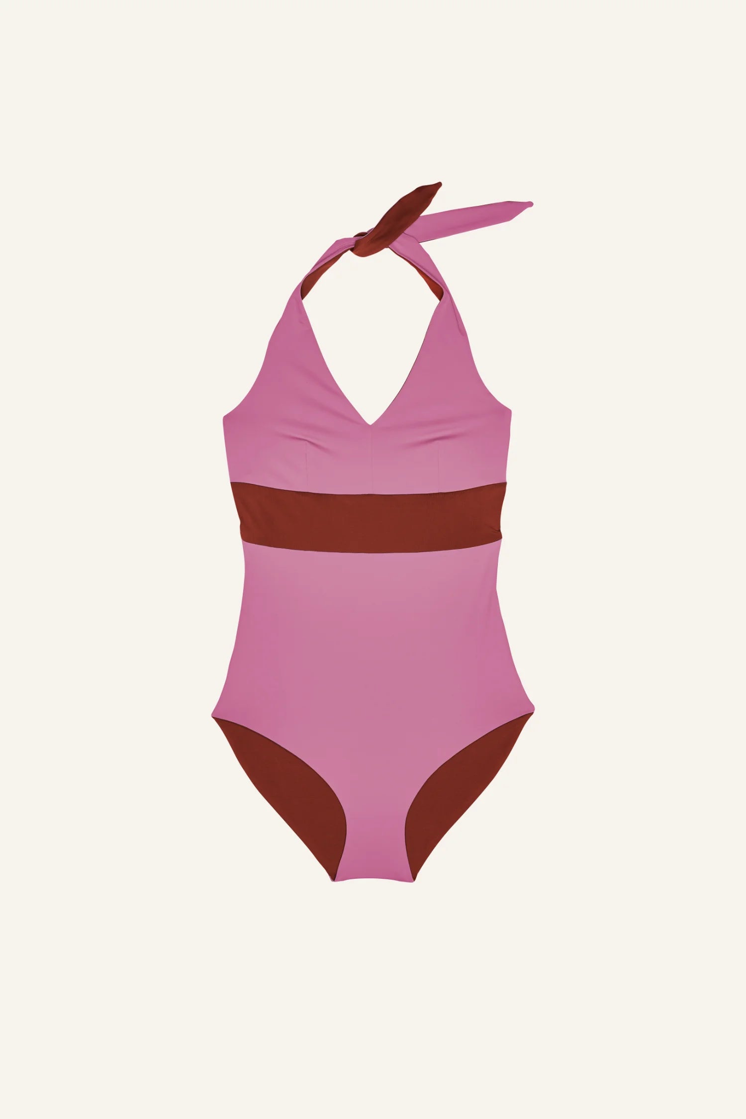 Rosa MYMARINI Badeanzug mit Neckholder und hohem Beinausschnitt, braune Details.#color_sienna-orchid