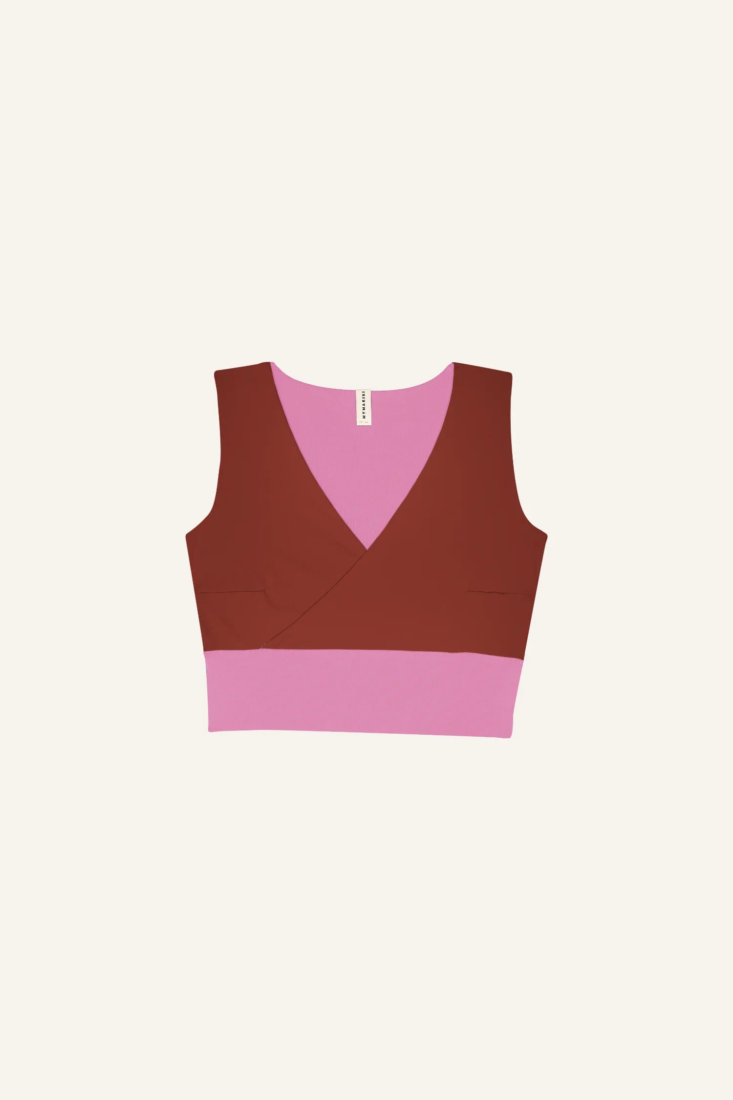 Ärmelloses MYMARINI Bikinitop mit V-Ausschnitt in Braun und Rosa.#color_sienna-orchid