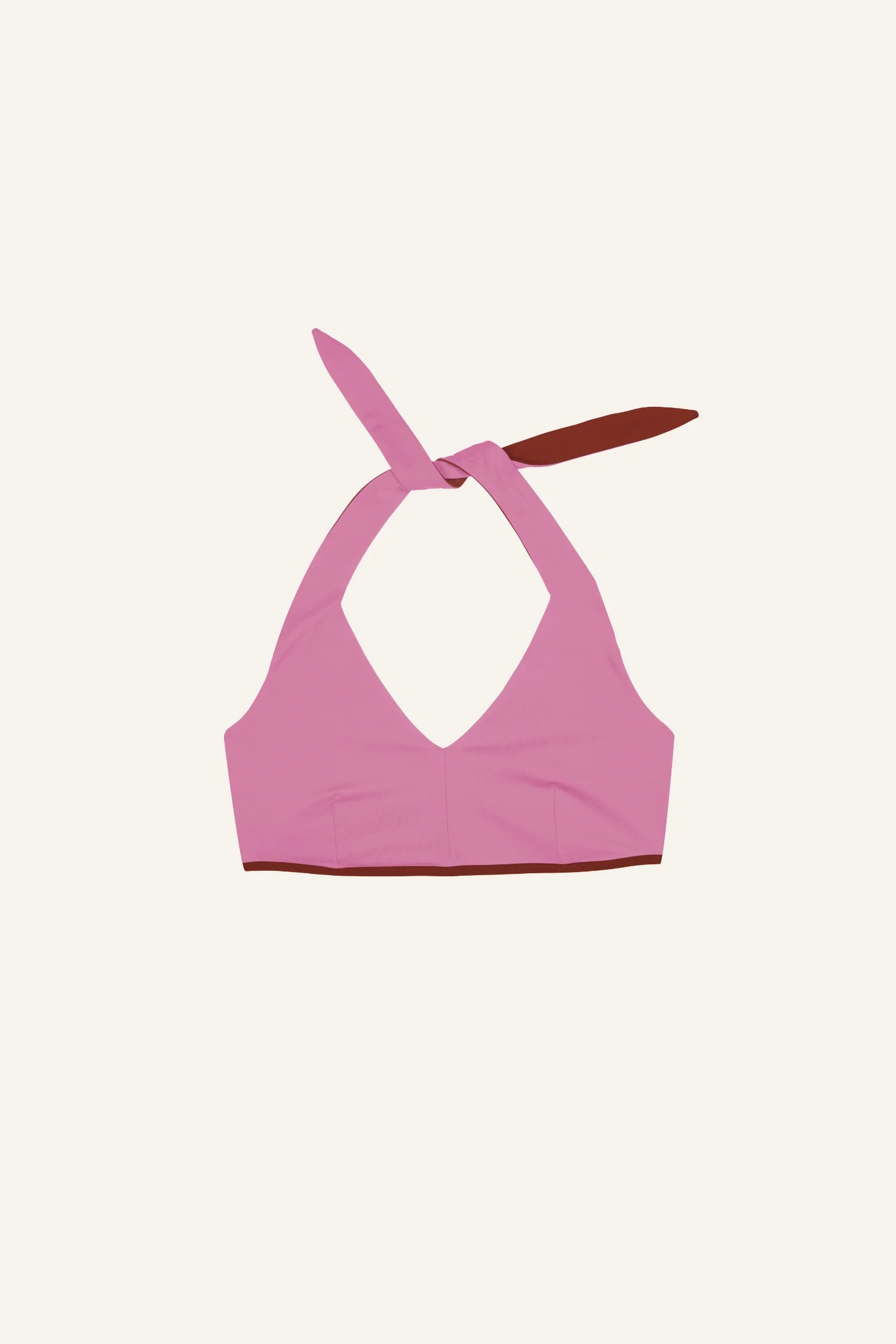 MYMARINI Bikinitop in Rosa mit Neckholder und V-Ausschnitt auf hellem Hintergrund.#color_sienna-orchid