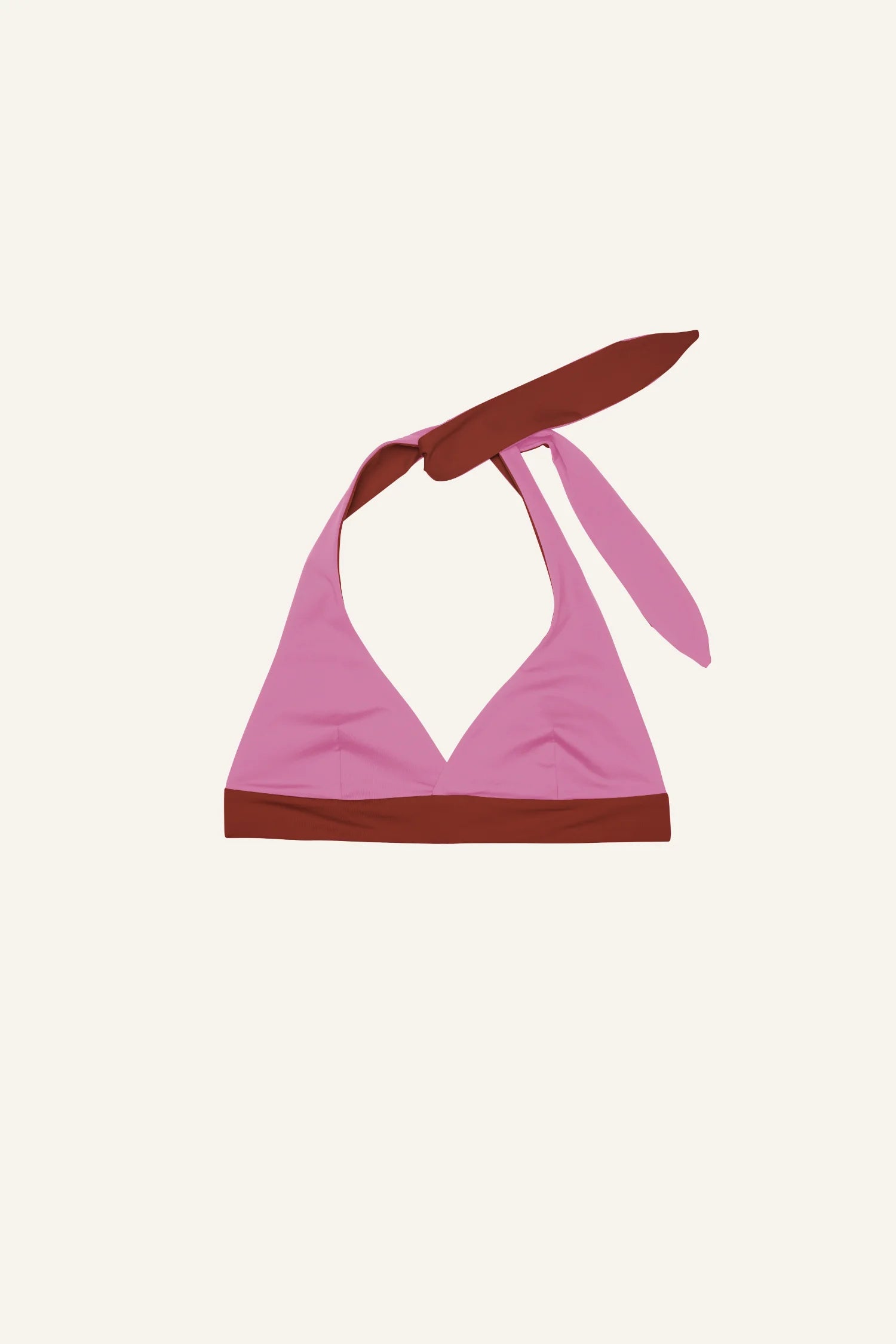 MYMARINI Bikinitop mit V-Ausschnitt und Neckholder in Rosa und Rot auf hellem Hintergrund.#color_sienna-orchid