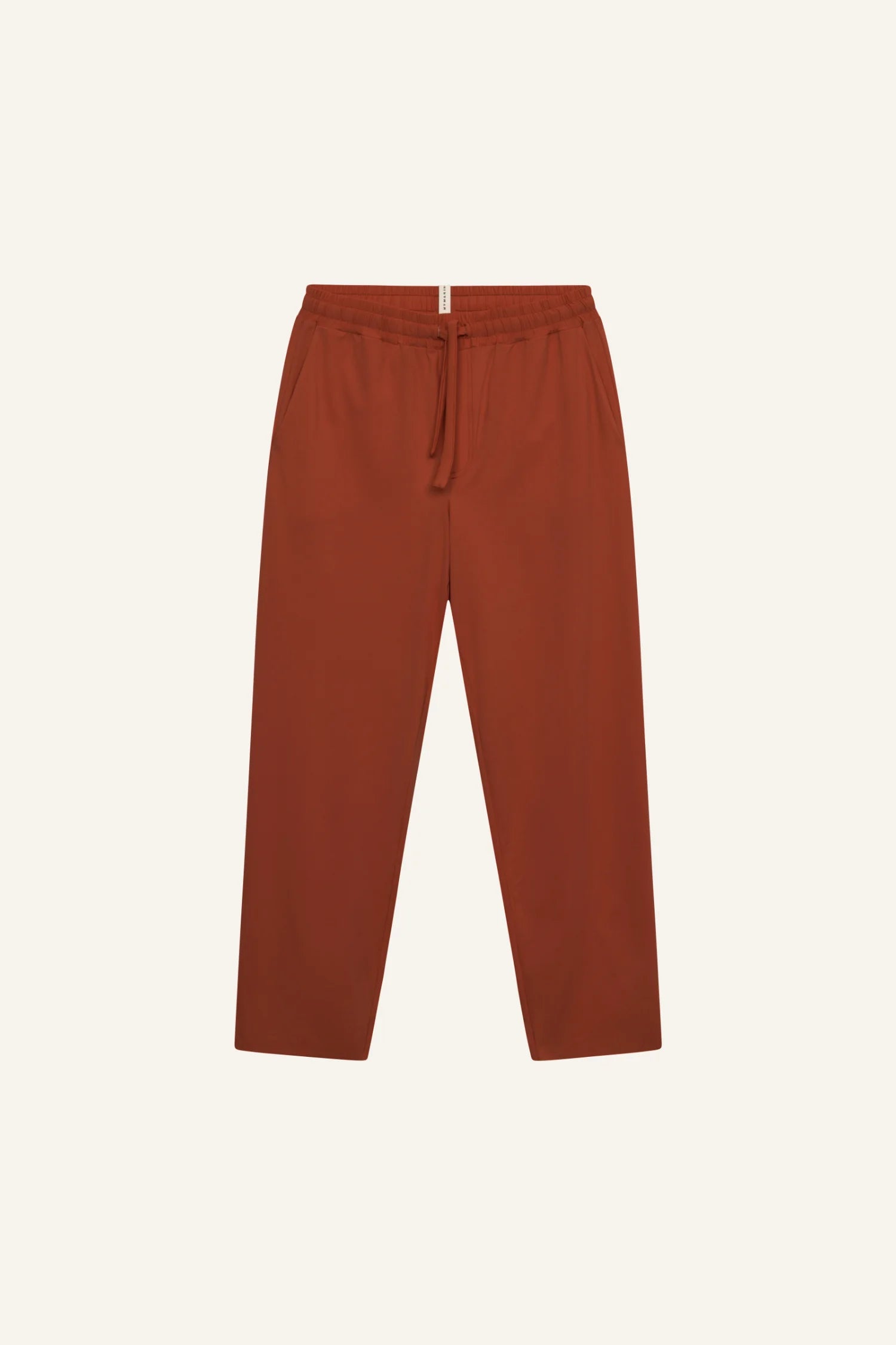 Rostrote MYMARINI-Hose mit elastischem Bund und geradem Schnitt, auf hellem Hintergrund.#color_sienna