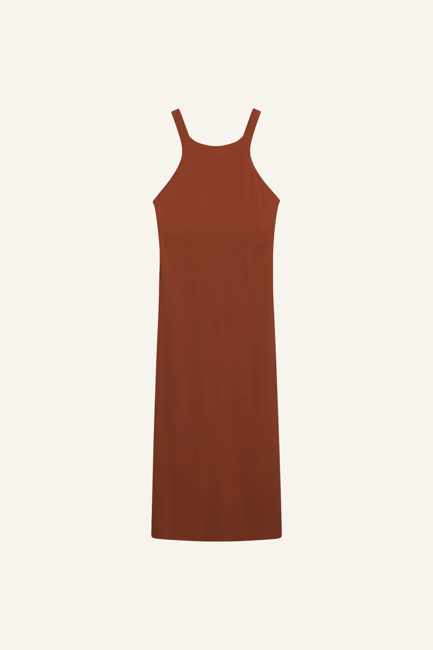 Braunes MYMARINI-Kleid mit breiten Trägern, schlichtem Design und knielangem Schnitt vor hellem Hintergrund.#color_sienna