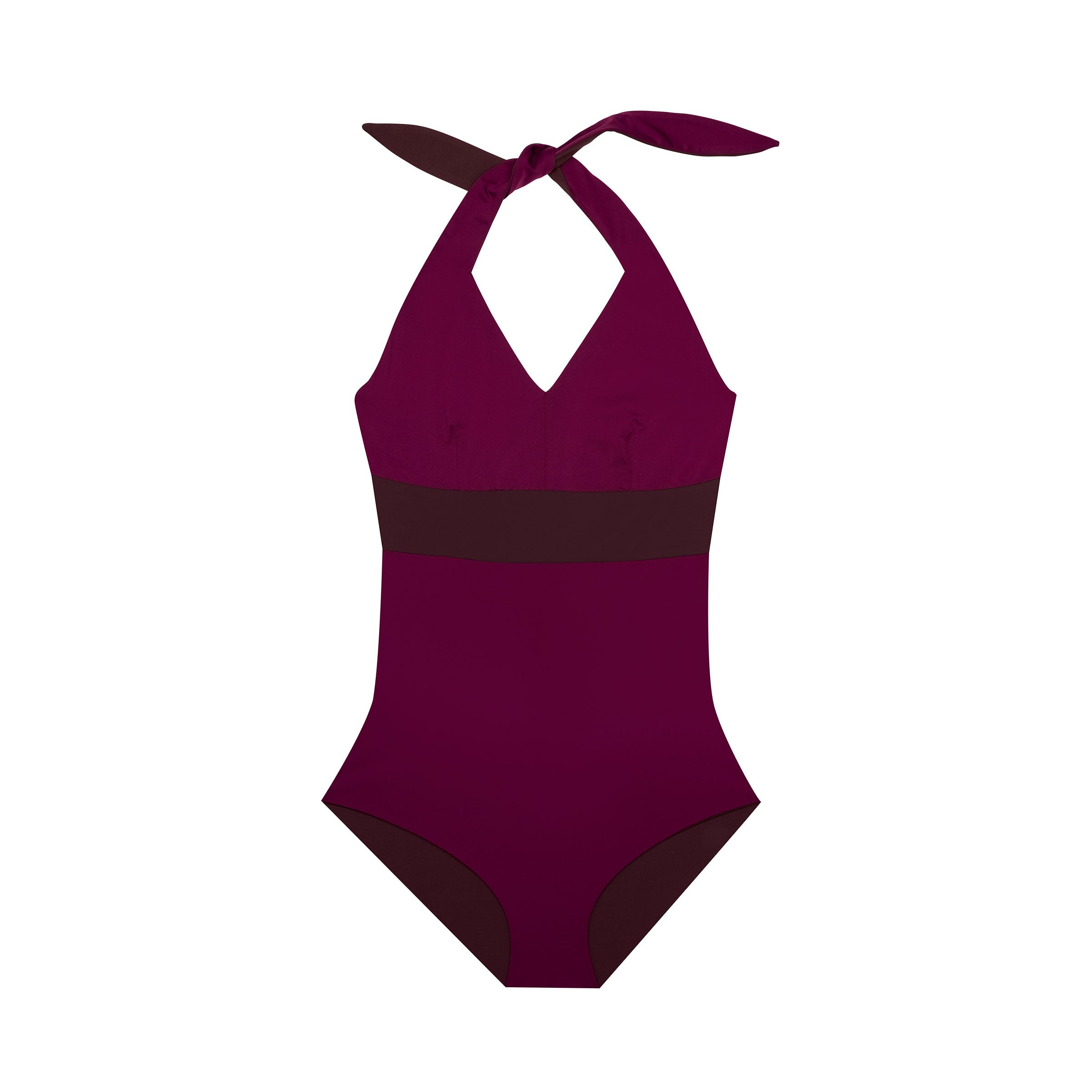 Badeanzug von MYMARINI in dunklem Violett mit V-Ausschnitt und halterlosen Trägern, ideal für den Sommer.#color_chocolate-berry