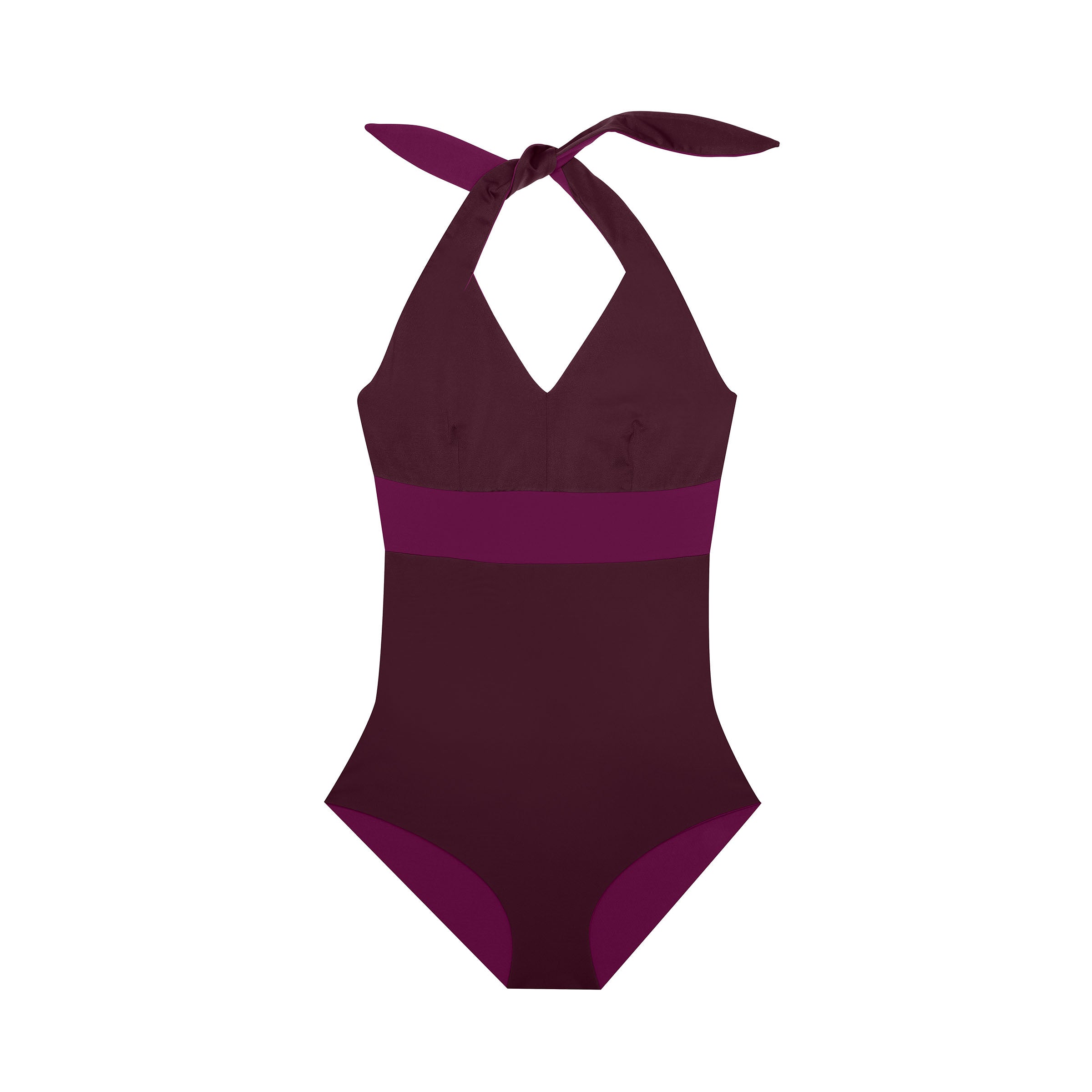 Badeanzug von MYMARINI in dunklem Violett mit V-Ausschnitt und Bindebändern im Nacken.#color_chocolate-berry