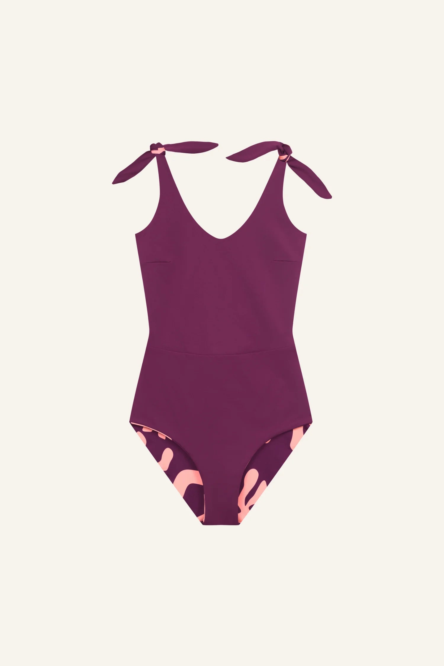 Ein MYMARINI Badeanzug in Dunkelrot mit V-Ausschnitt und breiten Trägern, auf hellem Hintergrund.#color_berry-print