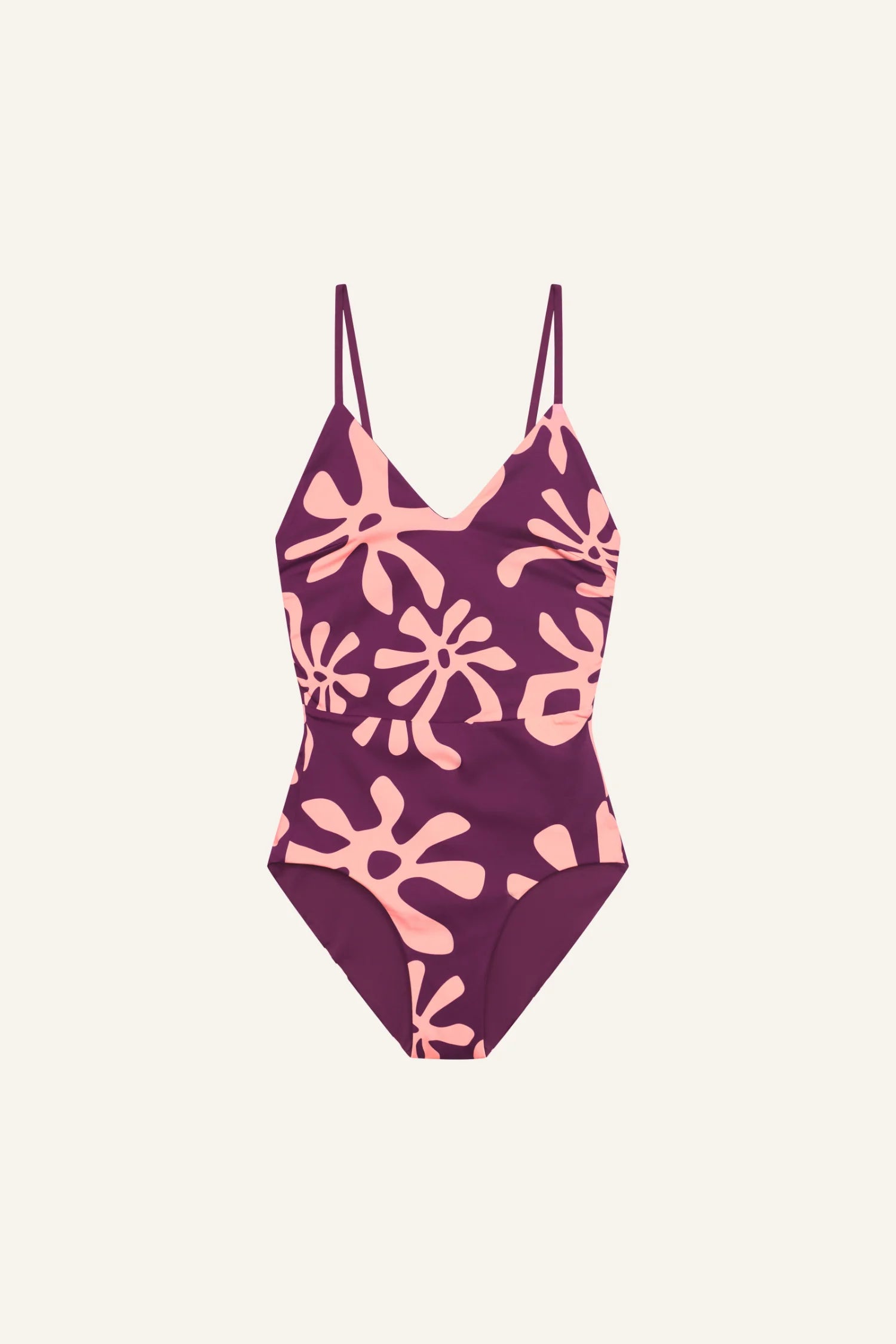 MYMARINI Badeanzug mit V-Ausschnitt und Spaghettiträgern, lila mit rosa Muster auf hellem Hintergrund.#color_berry-print